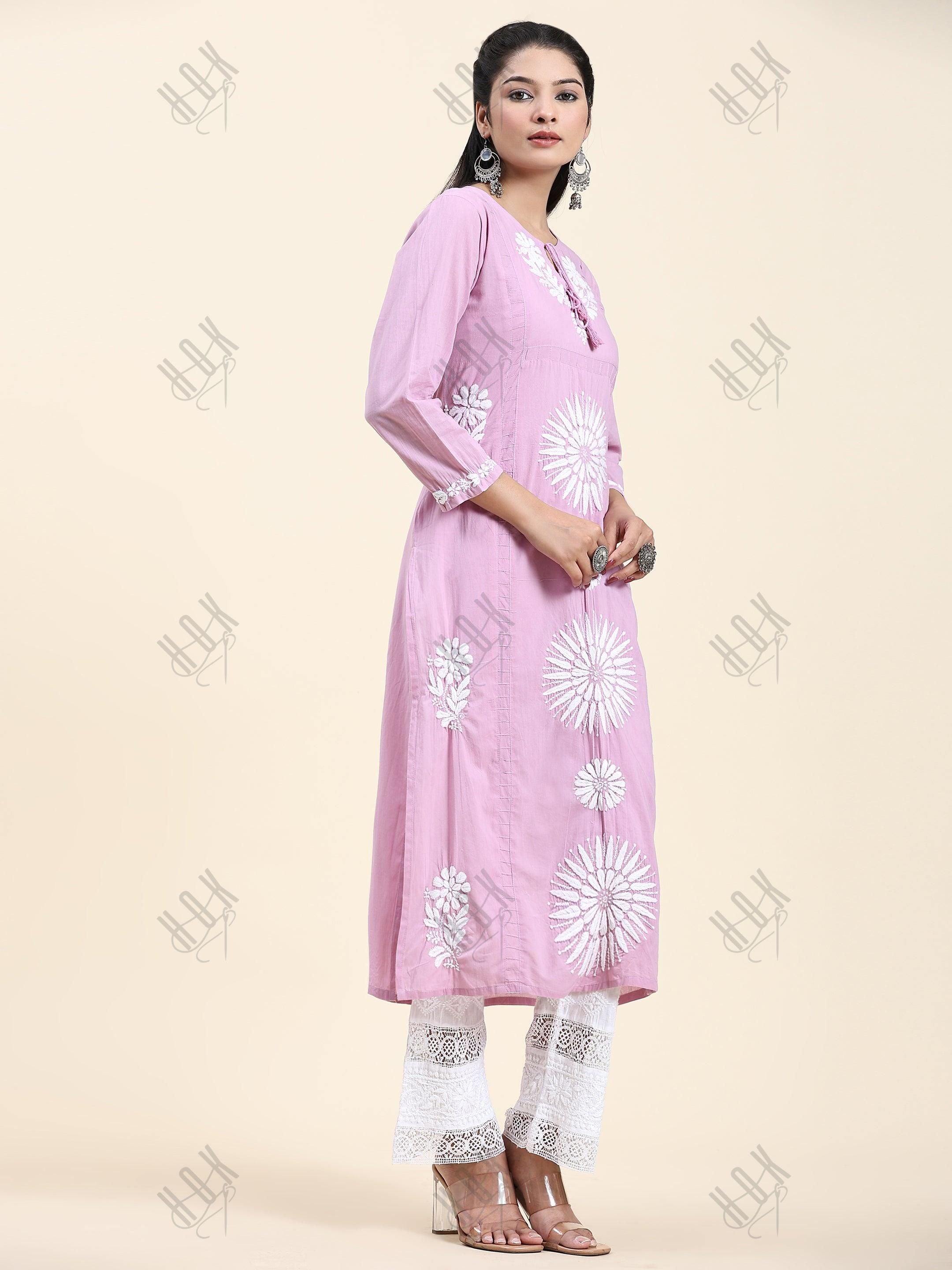 Samma Chikankari Long Kurti In Cotton for Women- Lavender - House Of Kari (Chikankari Clothing)