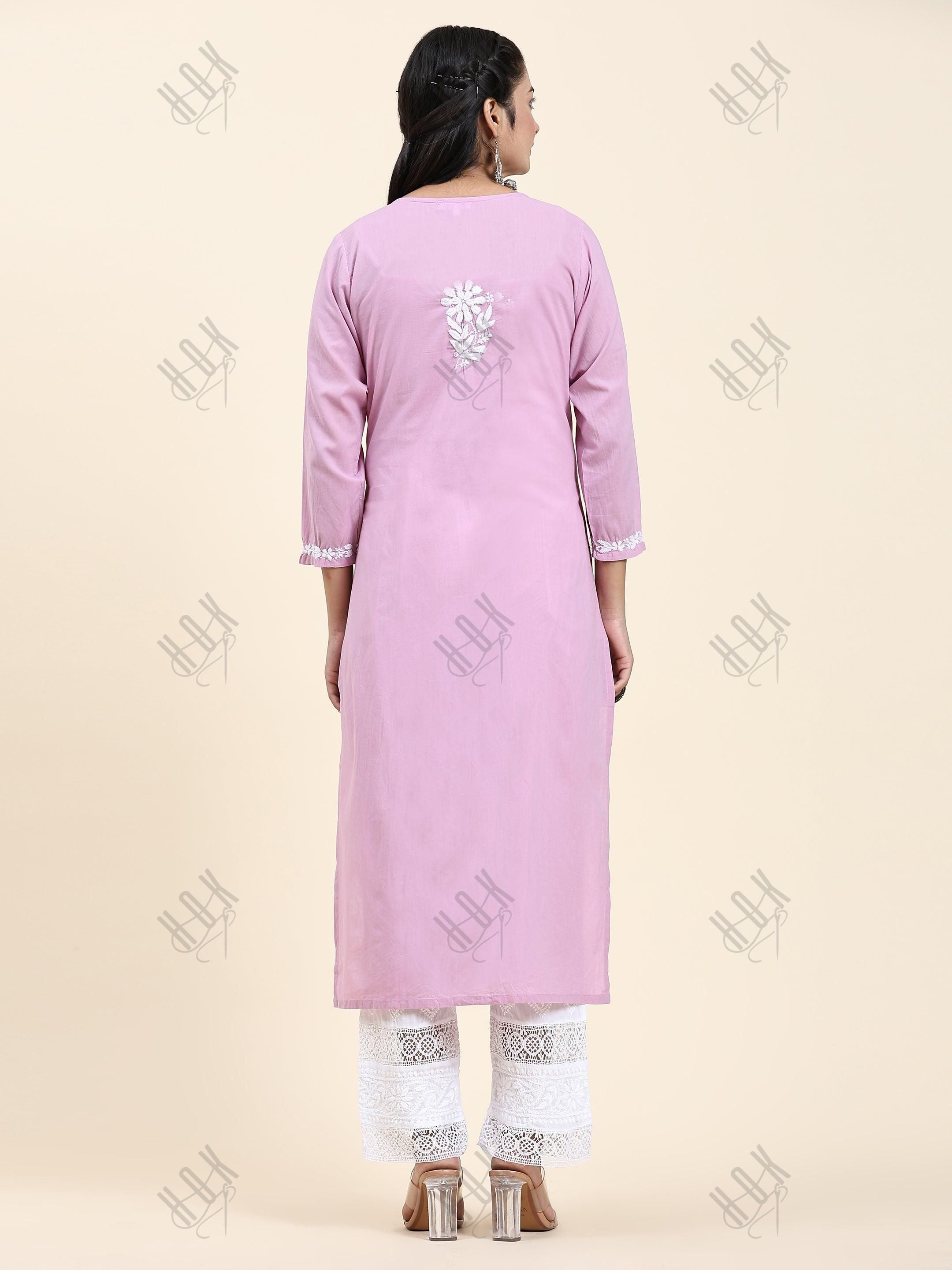 Samma Chikankari Long Kurti In Cotton for Women- Lavender - House Of Kari (Chikankari Clothing)