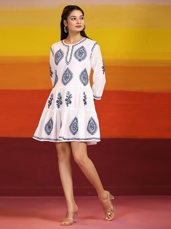 Samma Chikankari Dress In Cotton for Women-White With Blue - House Of Kari (Chikankari Clothing)