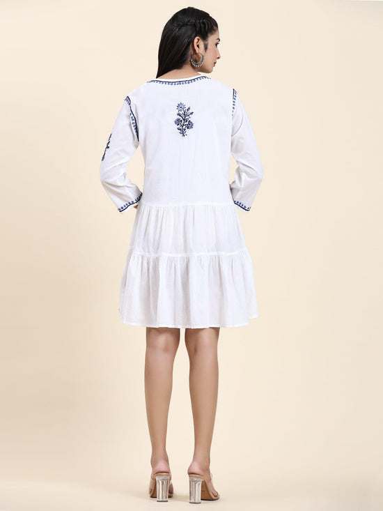 Samma Chikankari Dress In Cotton for Women-White With Blue - House