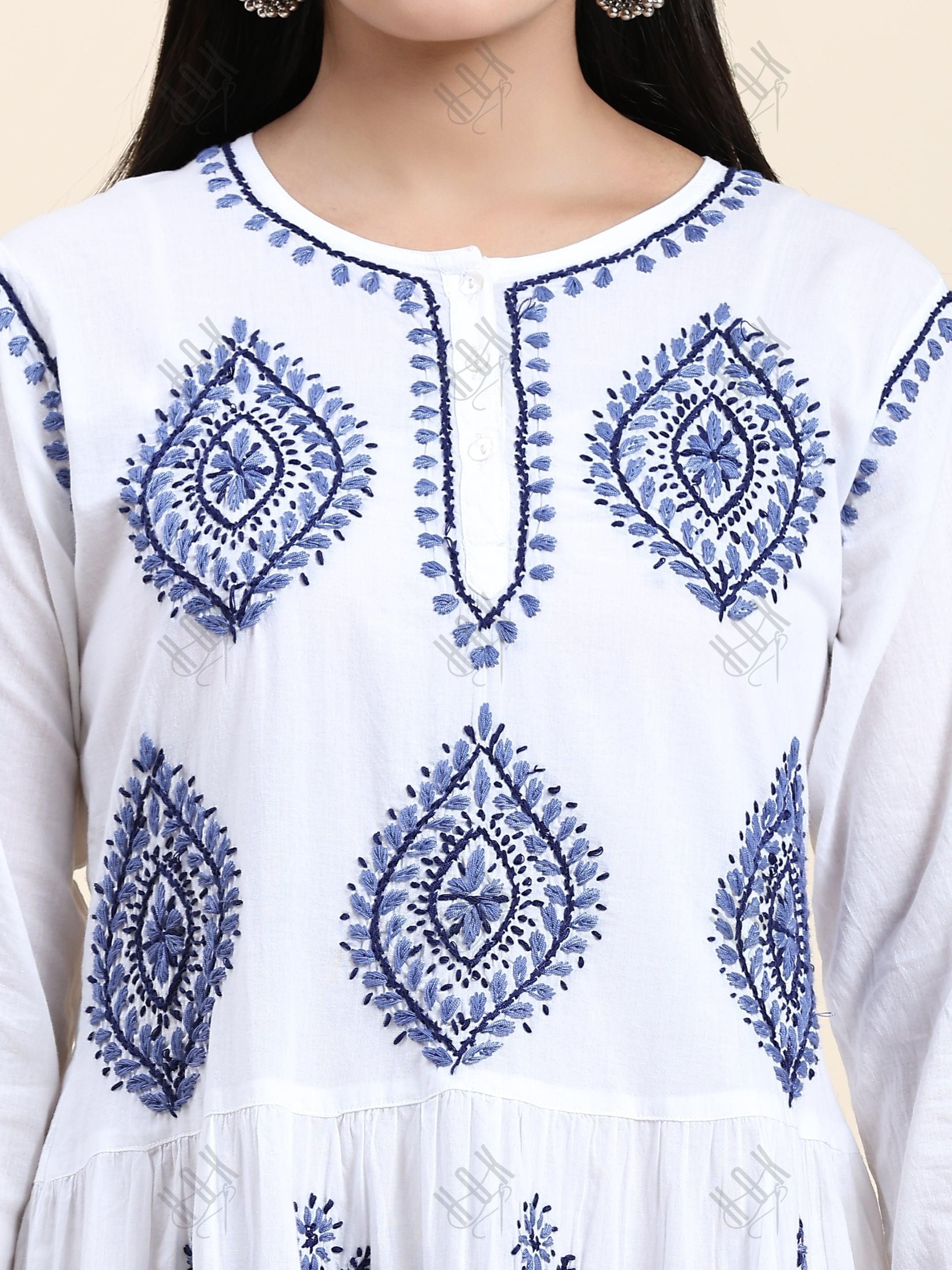 Samma Chikankari Dress In Cotton for Women-White With Blue - House Of Kari (Chikankari Clothing)