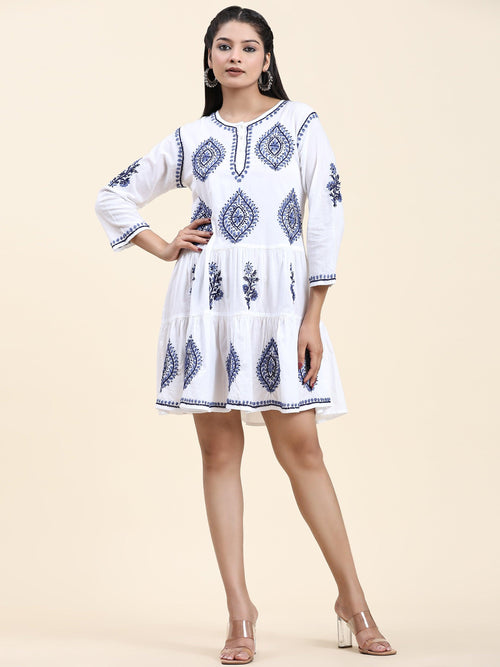 Samma Chikankari Dress In Cotton for Women-White With Blue - House Of Kari (Chikankari Clothing)