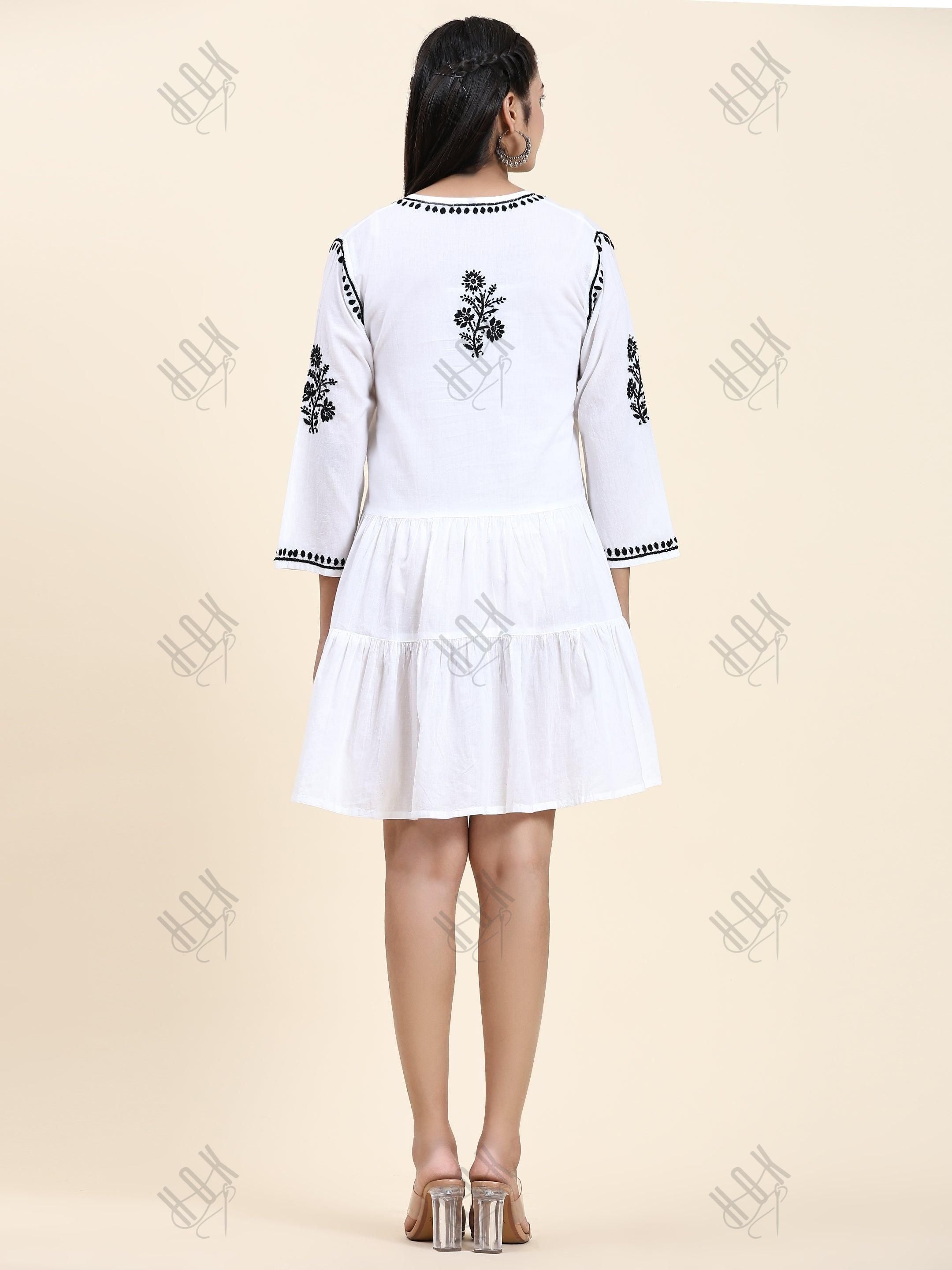 Samma Chikankari Dress In Cotton for Women- White With Black - House Of Kari (Chikankari Clothing)