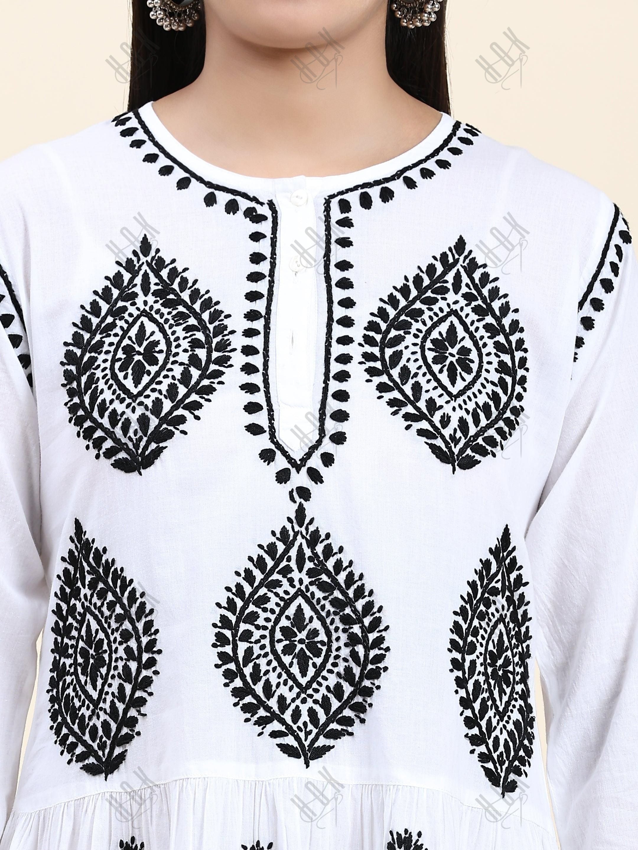 Samma Chikankari Dress In Cotton for Women- White With Black - House Of Kari (Chikankari Clothing)