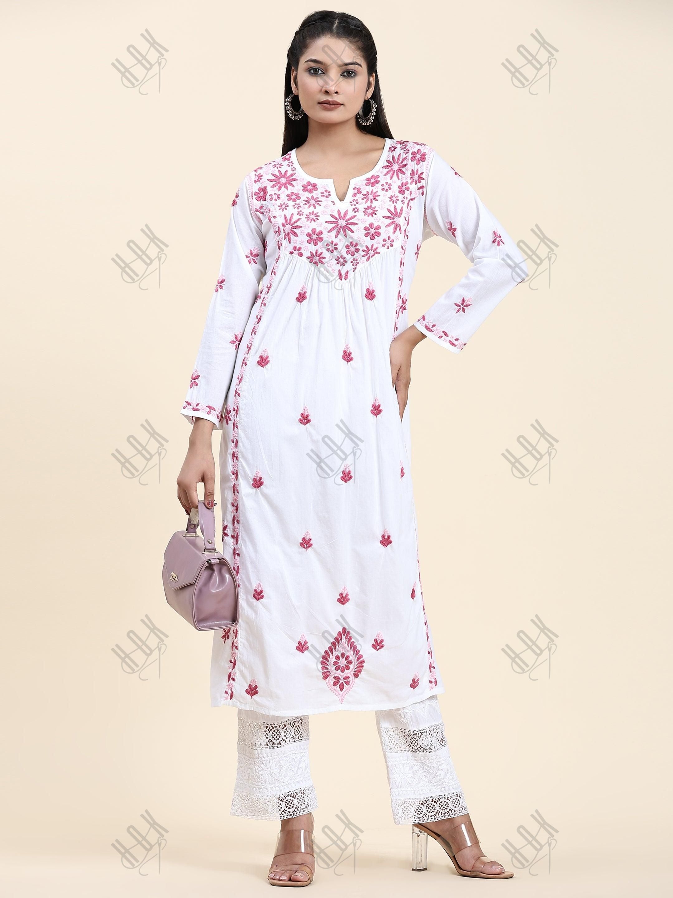 Fizaa Chikankari Long Kurta in Cotton for Women - White With Pink - House Of Kari (Chikankari Clothing)