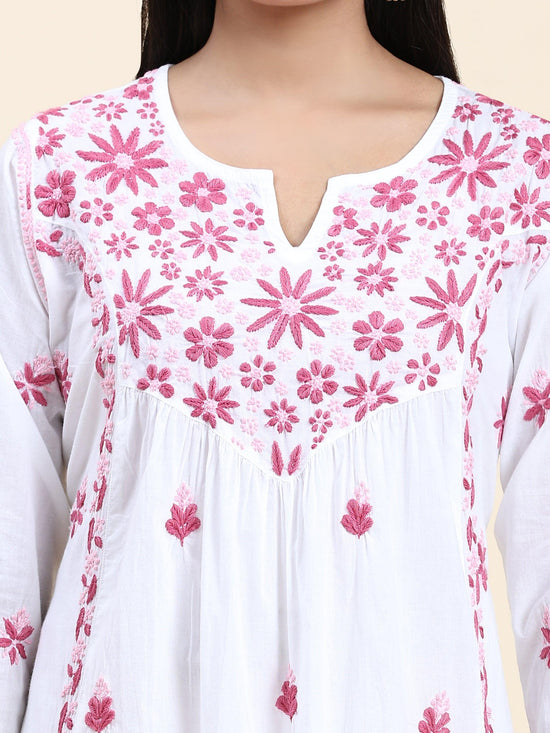 Fizaa Chikankari Long Kurta in Cotton for Women - White With Pink - House Of Kari (Chikankari Clothing)