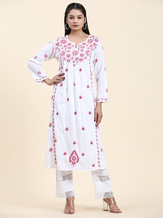 Fizaa Chikankari Long Kurta in Cotton for Women - White With Pink - House Of Kari (Chikankari Clothing)