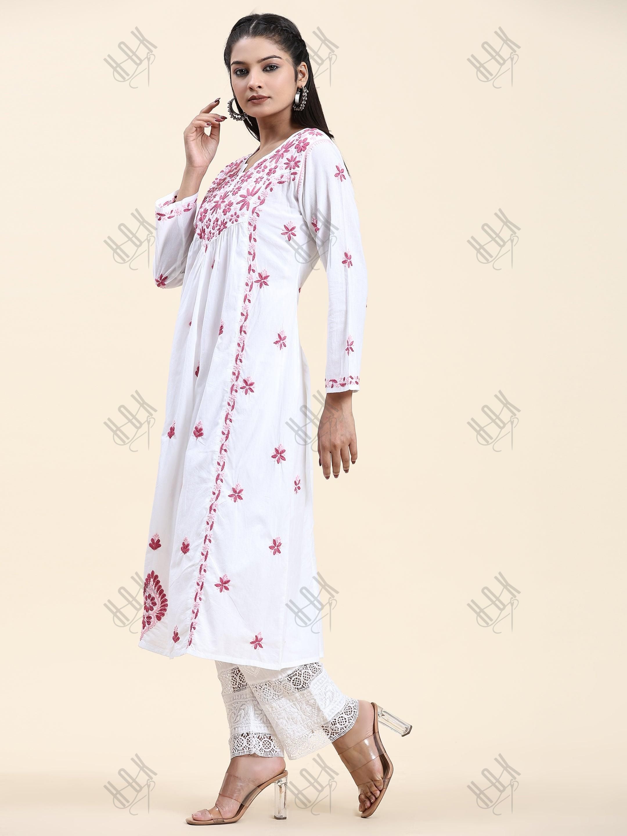 Fizaa Chikankari Long Kurta in Cotton for Women - White With Pink - House Of Kari (Chikankari Clothing)