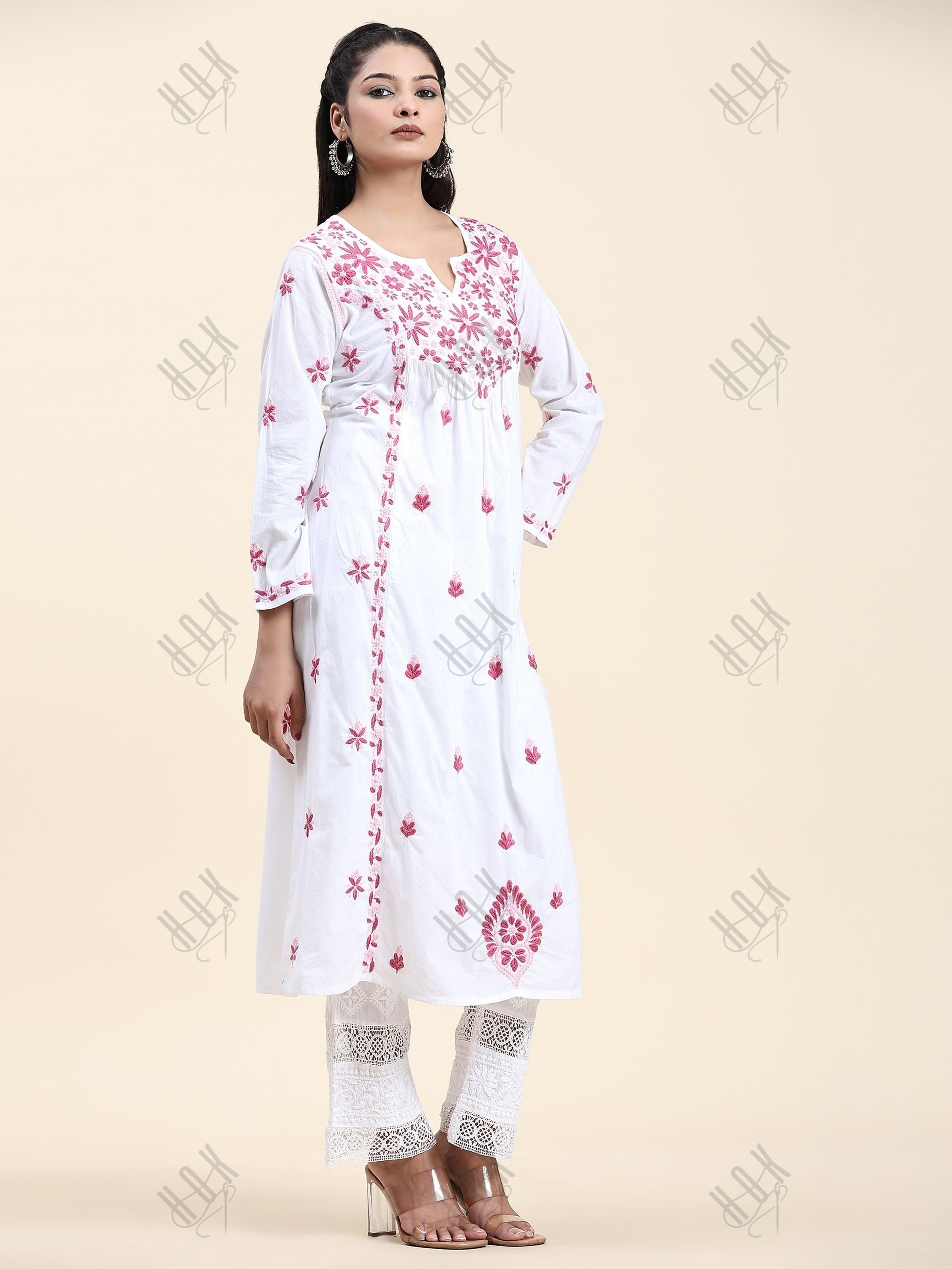 Fizaa Chikankari Long Kurta in Cotton for Women - White With Pink - House Of Kari (Chikankari Clothing)