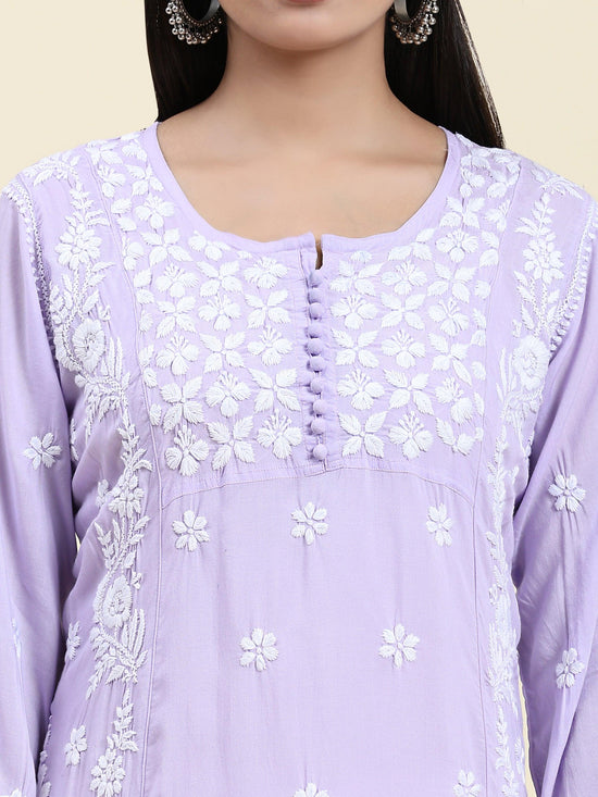 Samma Chikankari Long Kurta in Modal Cotton for Women - Lavender - House Of Kari (Chikankari Clothing)