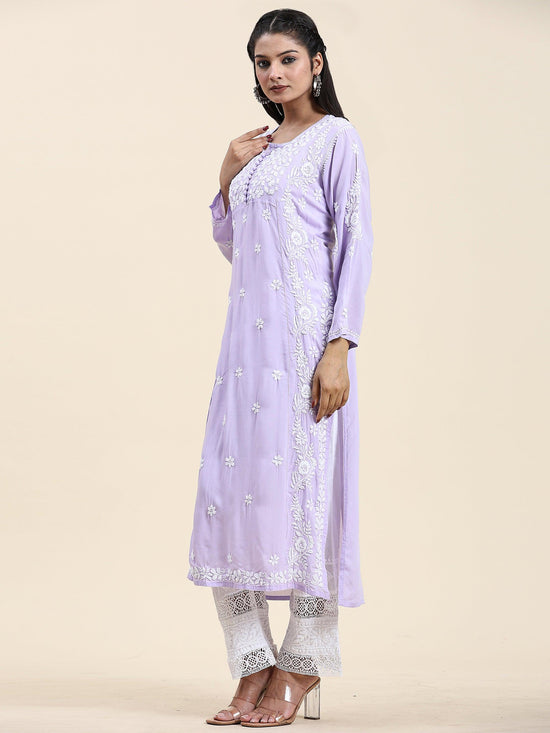 Samma Chikankari Long Kurta in Modal Cotton for Women - Lavender - House Of Kari (Chikankari Clothing)
