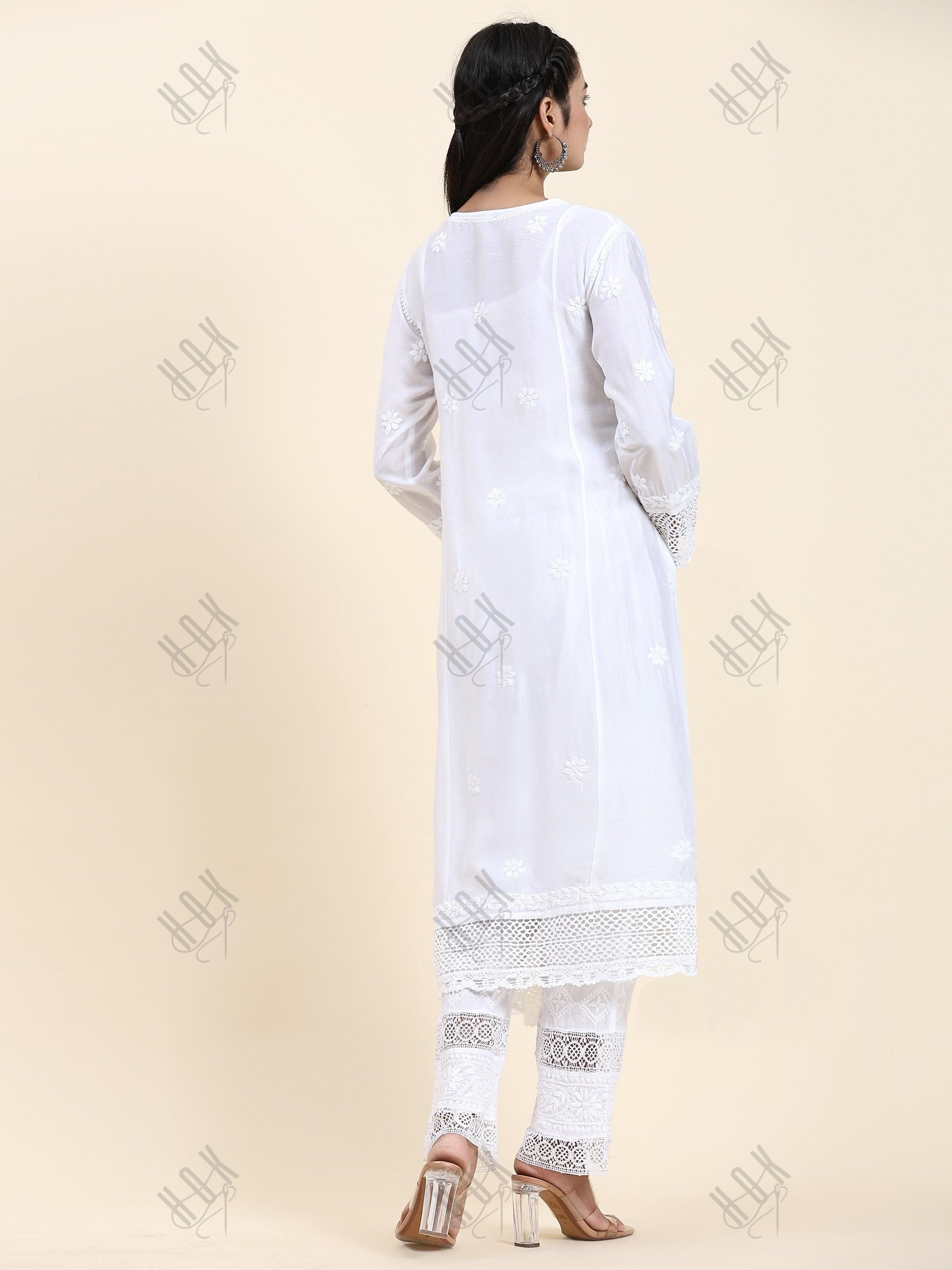 Samma Chikankari Angrakha Long Kurta in Chanderi Silk for Women - white - House Of Kari (Chikankari Clothing)