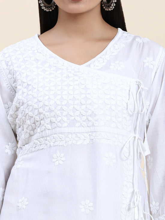 Samma Chikankari Angrakha Long Kurta in Chanderi Silk for Women - white - House Of Kari (Chikankari Clothing)
