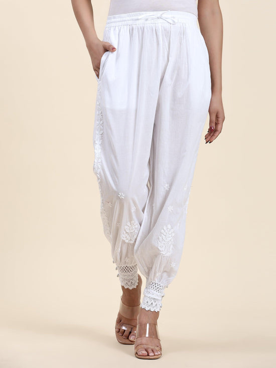 Load image into Gallery viewer, Samma House Of Kari Chikankari Embroidered Cotton White Relaxed Pants-13 - House Of Kari (Chikankari Clothing)
