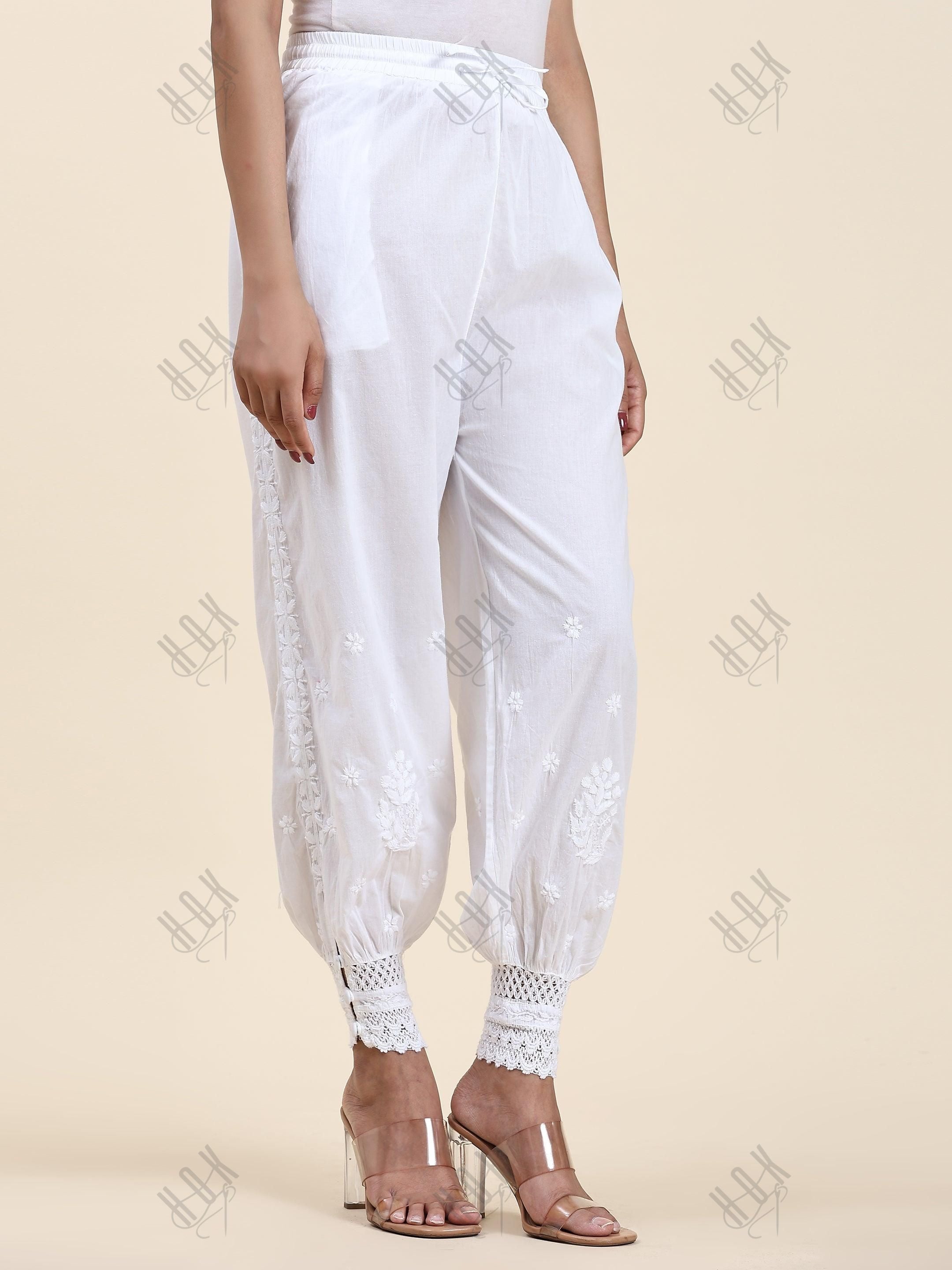 Samma House Of Kari Chikankari Embroidered Cotton White Relaxed Pants-13 - House Of Kari (Chikankari Clothing)