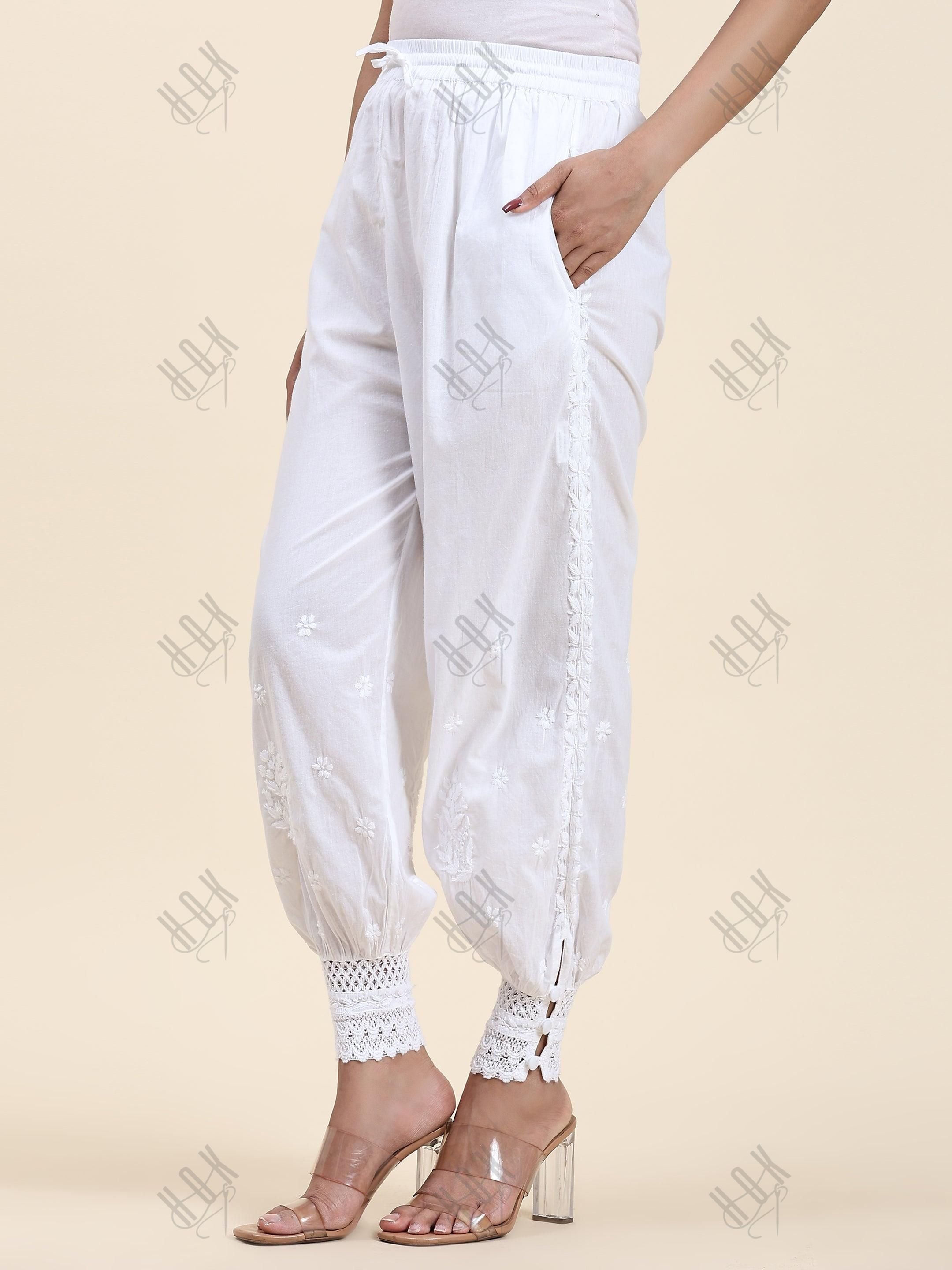 Samma House Of Kari Chikankari Embroidered Cotton White Relaxed Pants-13 - House Of Kari (Chikankari Clothing)