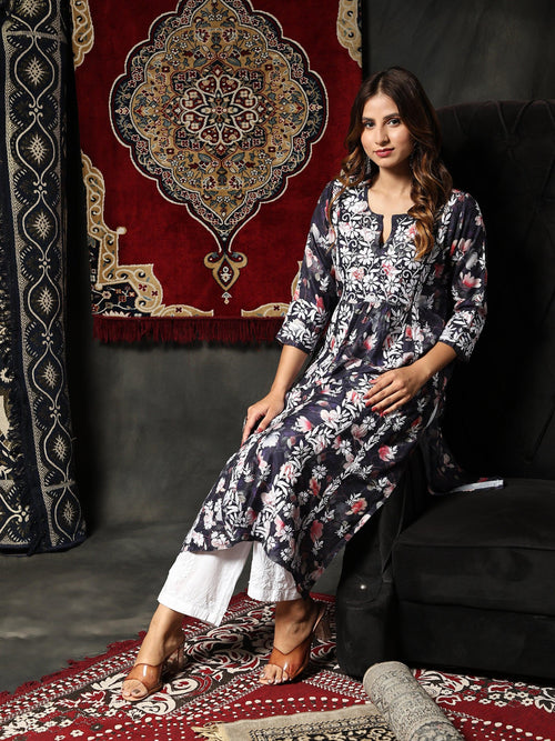Fizaa Chikankari Long Kurta in Muslin Cotton for Women- Dark Blue Print