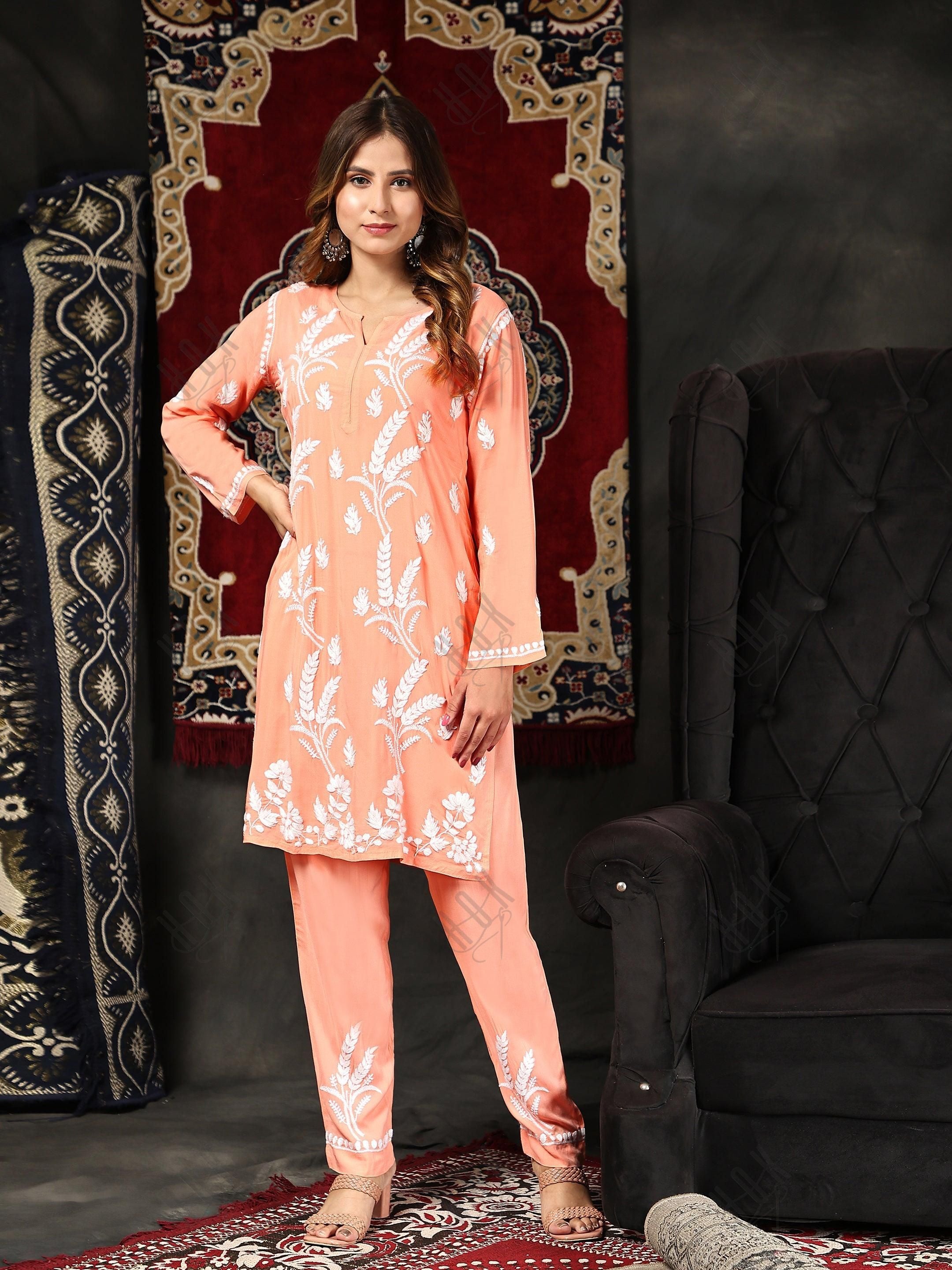 Fizaa Chikankari Short Modal Kurta Set - Peach - House Of Kari (Chikankari Clothing)