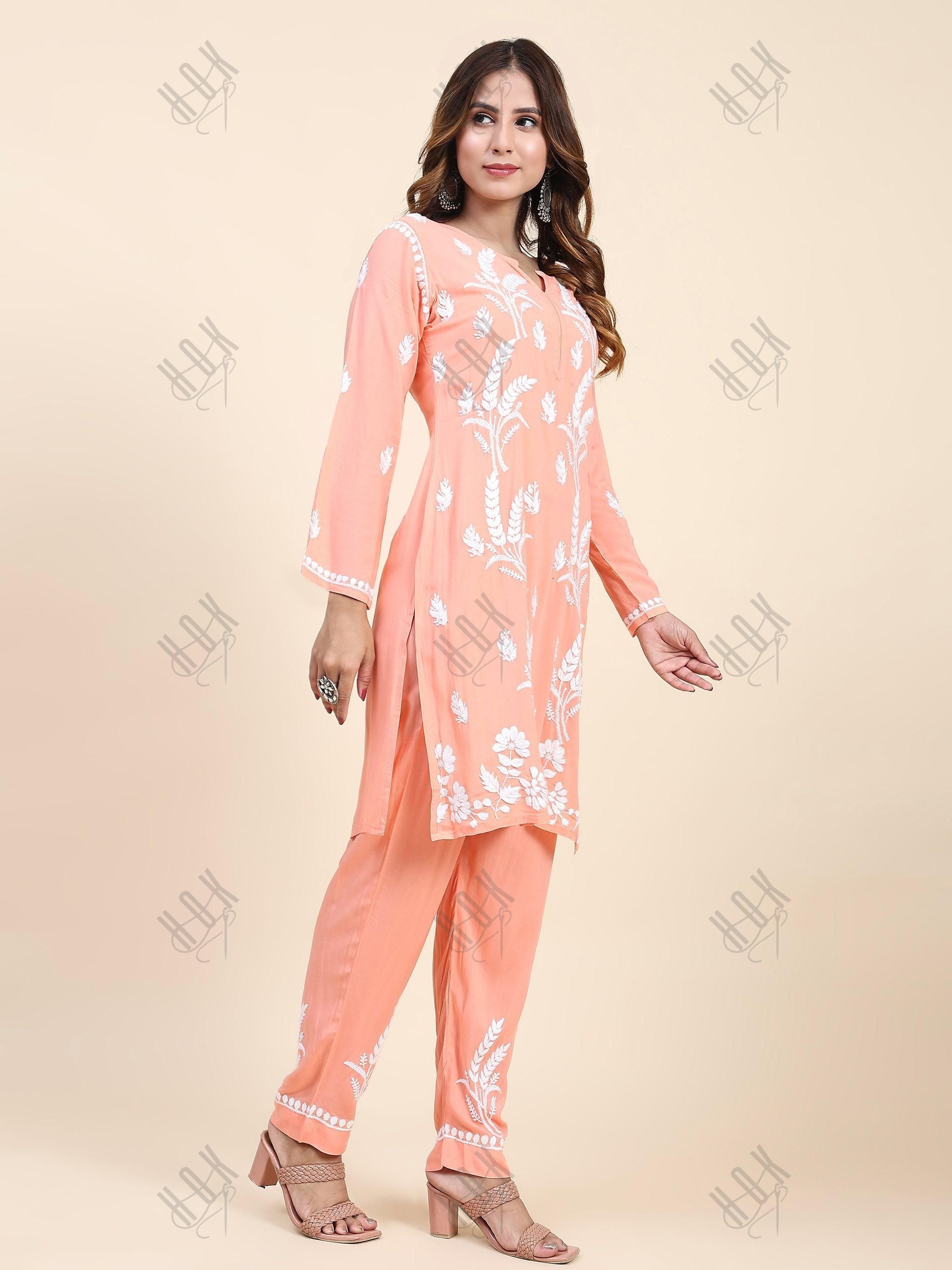 Fizaa Chikankari Short Modal Kurta Set - Peach - House Of Kari (Chikankari Clothing)