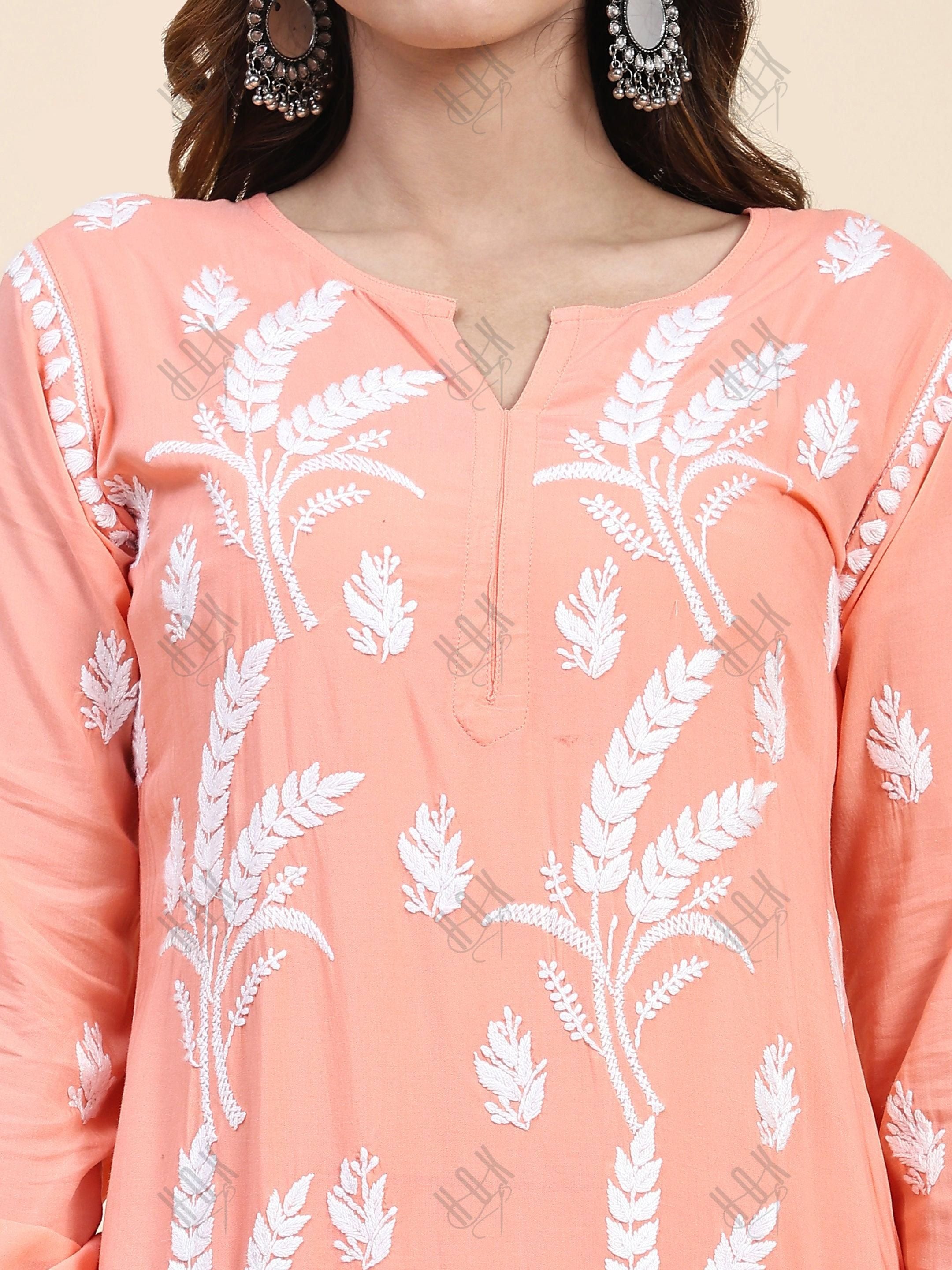 Fizaa Chikankari Short Modal Kurta Set - Peach - House Of Kari (Chikankari Clothing)