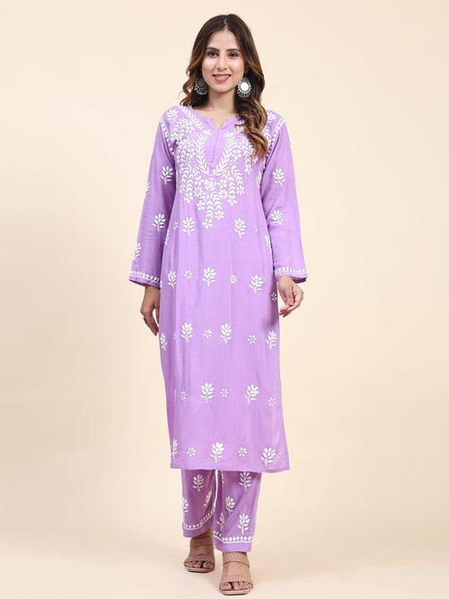 Fizaa Chikankari Long Modal Kurta Set - Purple - House Of Kari (Chikankari Clothing)