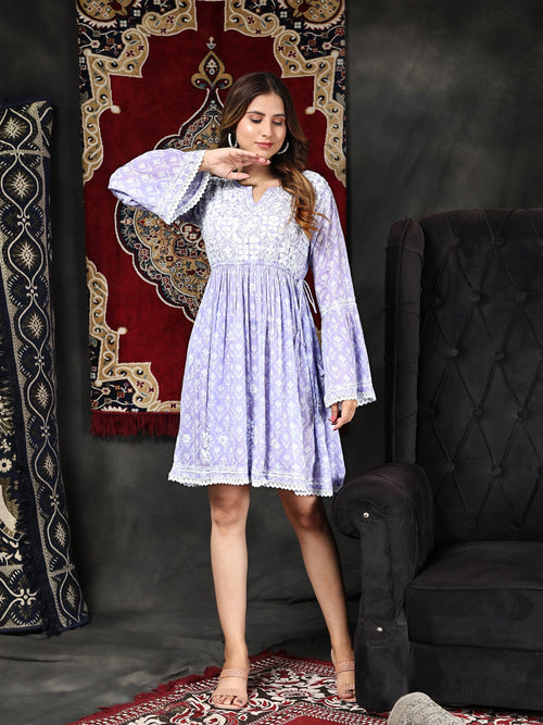 Samma Chikankari Dress in Mul cotton - Lavender - House Of Kari (Chikankari Clothing)