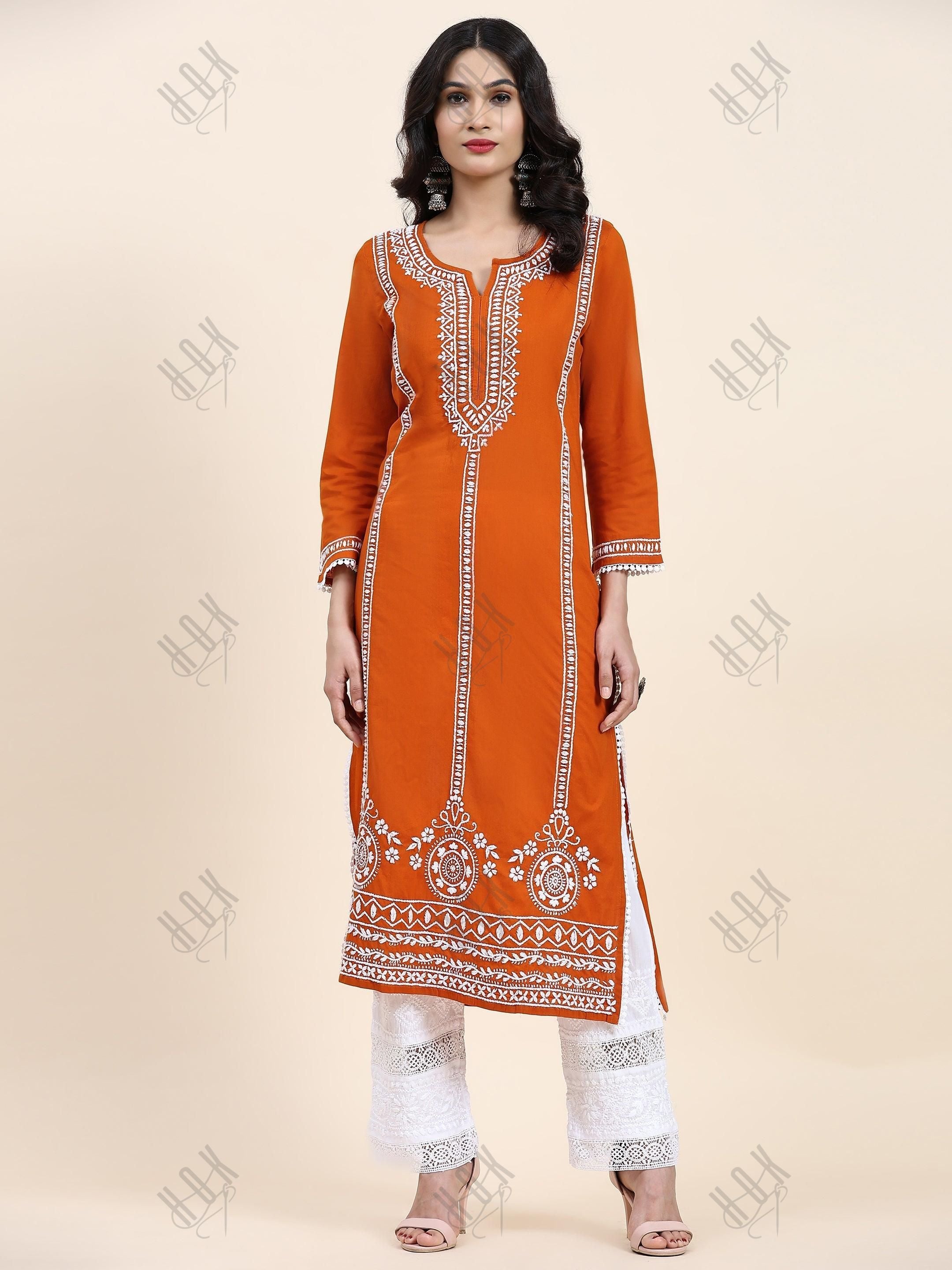 Aditi in HOK Chikankari Long Kurta in Cotton for Women- Orange - House Of Kari (Chikankari Clothing)