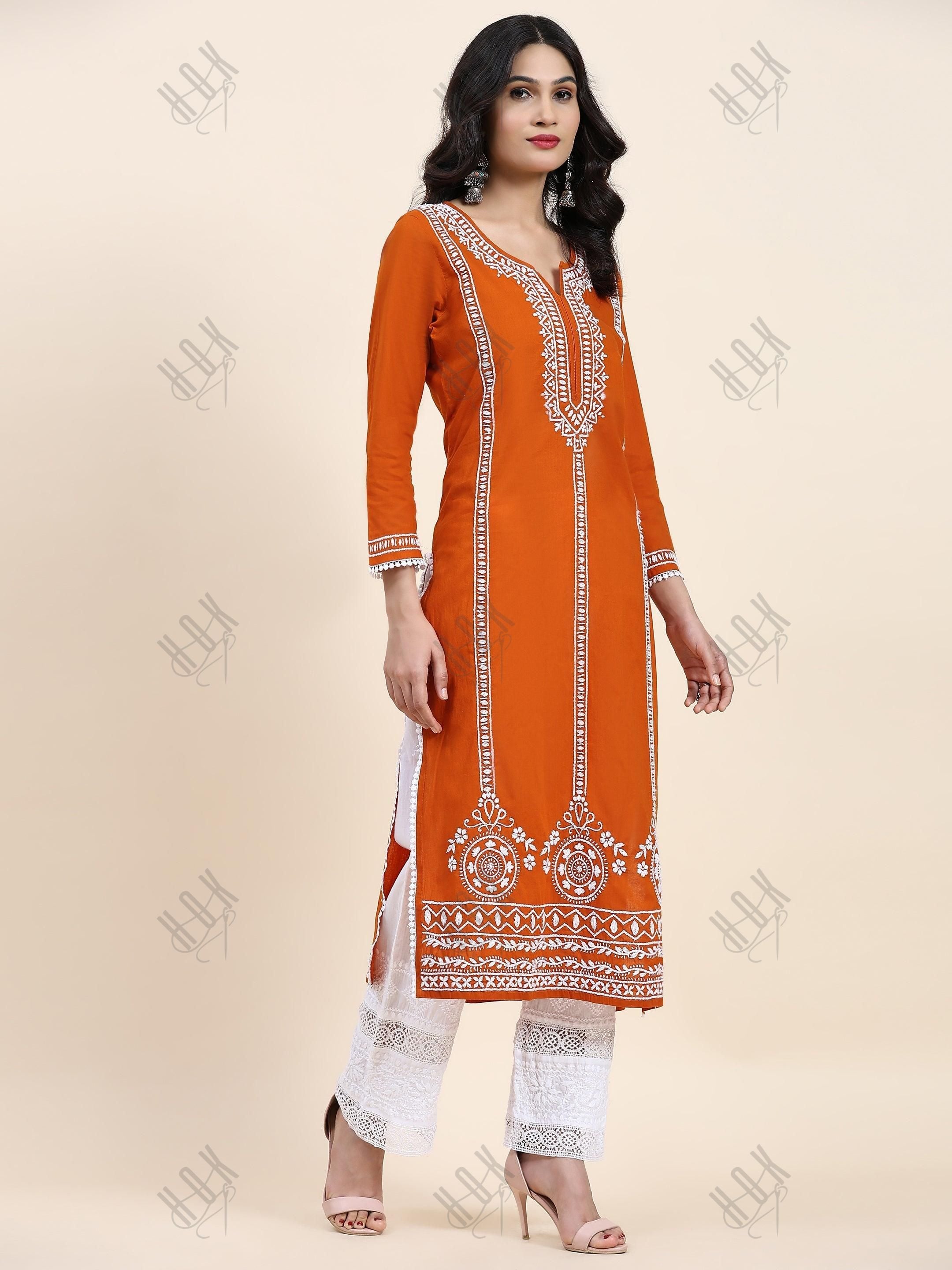 Aditi in HOK Chikankari Long Kurta in Cotton for Women- Orange - House Of Kari (Chikankari Clothing)