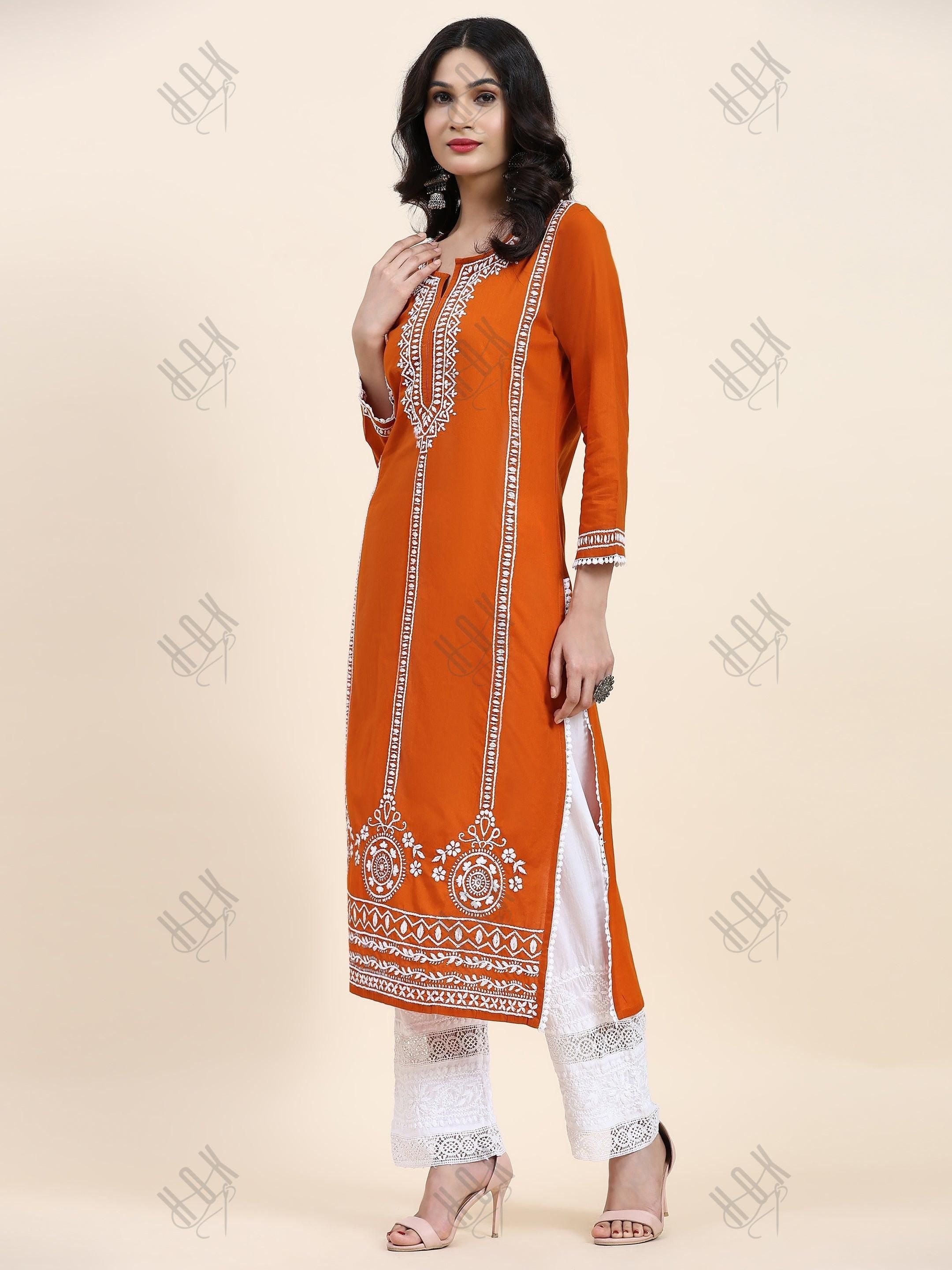 Aditi in HOK Chikankari Long Kurta in Cotton for Women- Orange - House Of Kari (Chikankari Clothing)