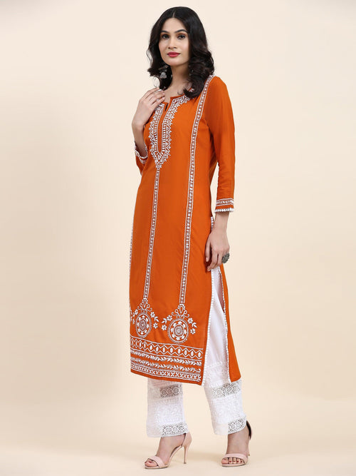 Load image into Gallery viewer, Aditi in HOK Chikankari Long Kurta in Cotton for Women- Orange - House Of Kari (Chikankari Clothing)
