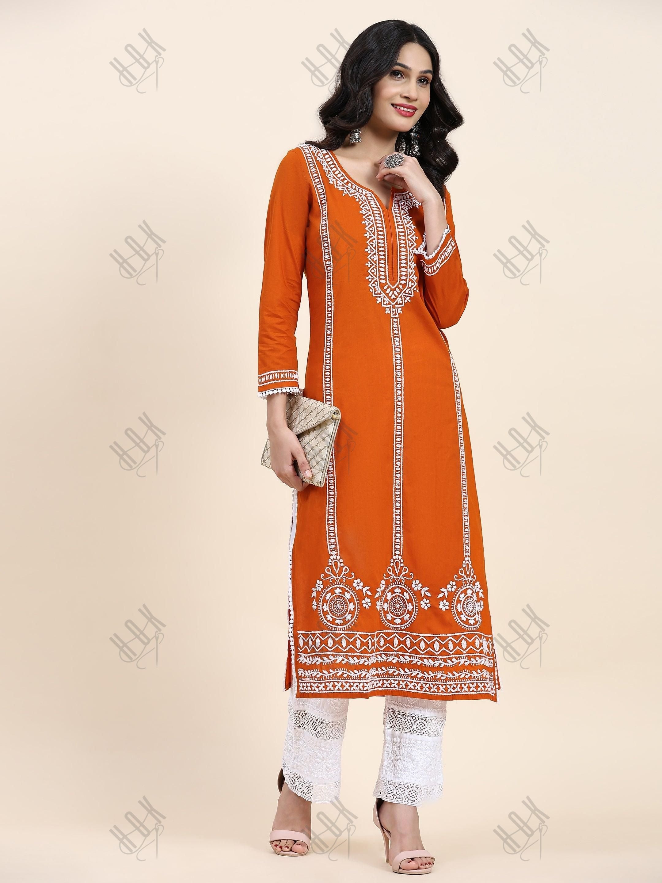 Aditi in HOK Chikankari Long Kurta in Cotton for Women- Orange - House Of Kari (Chikankari Clothing)