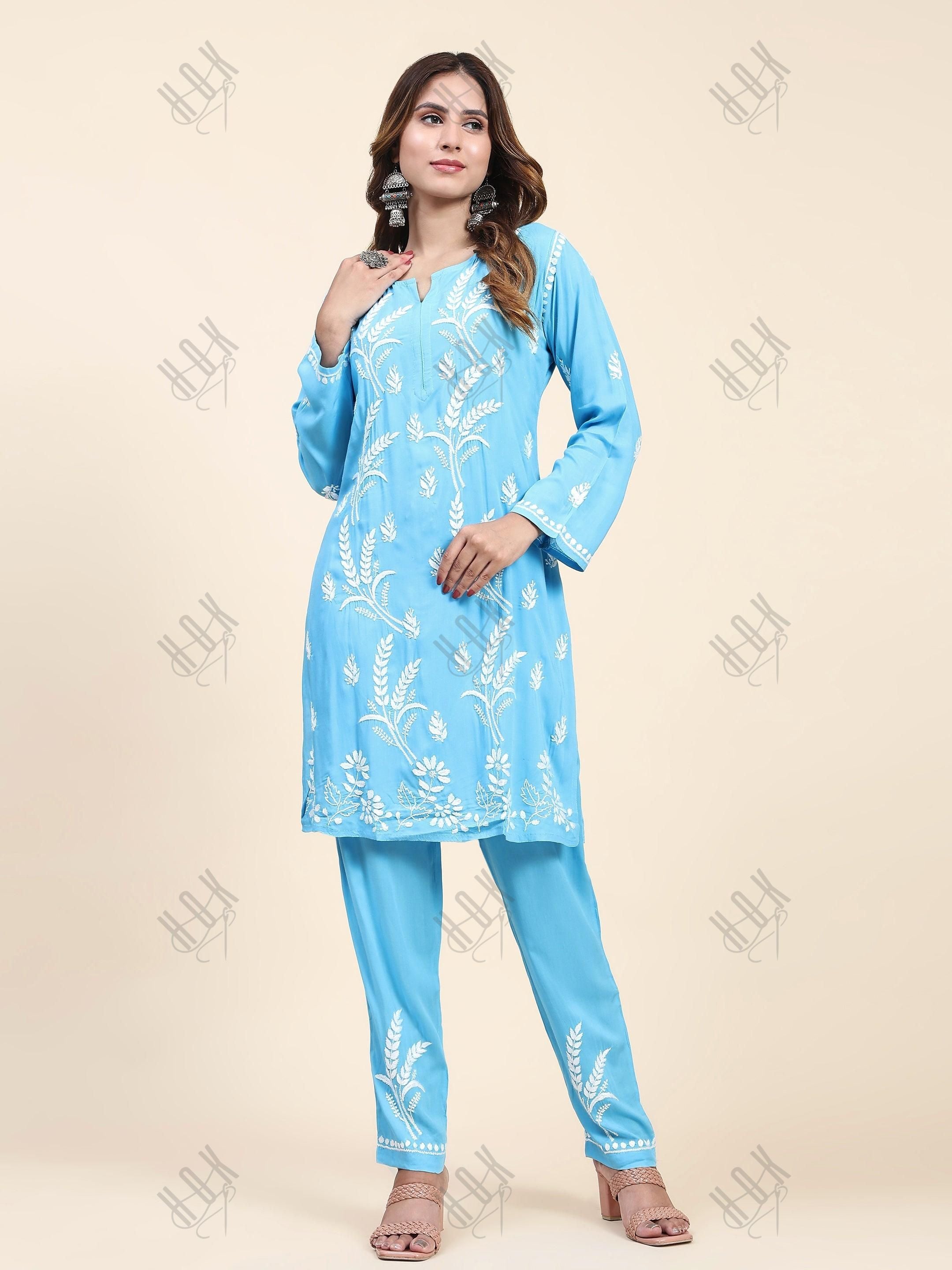 Fizaa Chikankari Short Modal Kurta Set - Blue - House Of Kari (Chikankari Clothing)