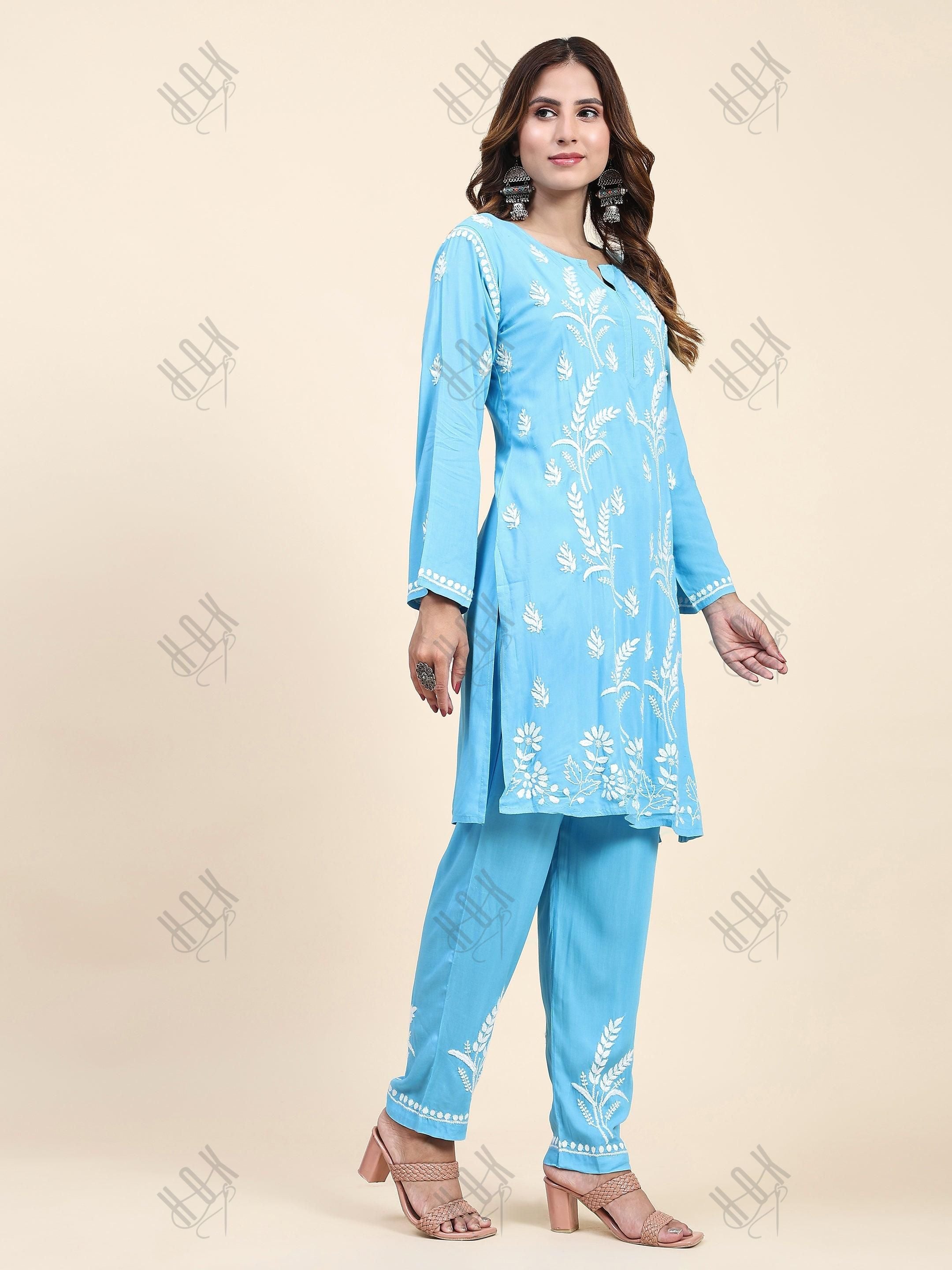 Fizaa Chikankari Short Modal Kurta Set - Blue - House Of Kari (Chikankari Clothing)