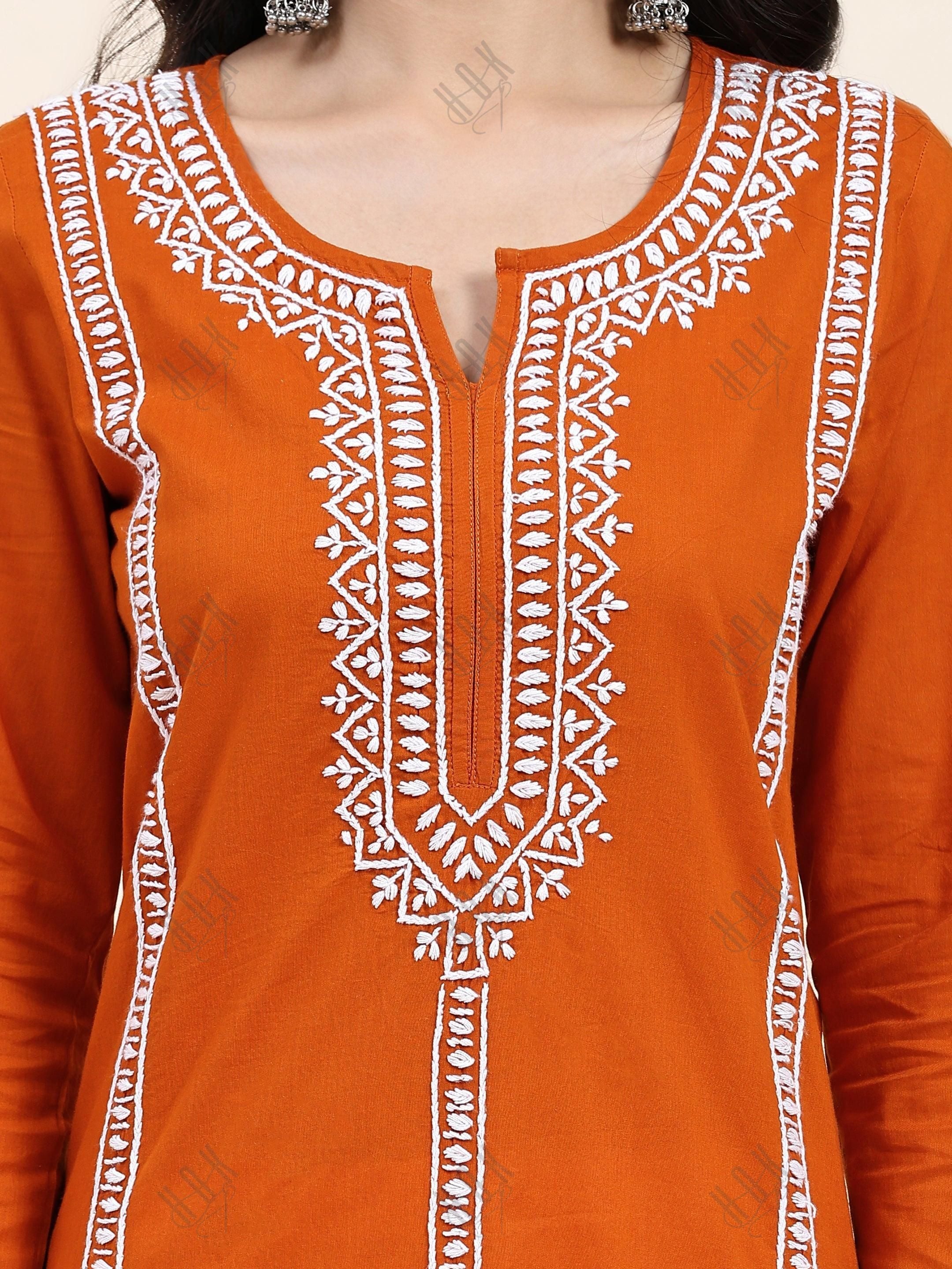 Aditi in HOK Chikankari Long Kurta in Cotton for Women- Orange - House Of Kari (Chikankari Clothing)