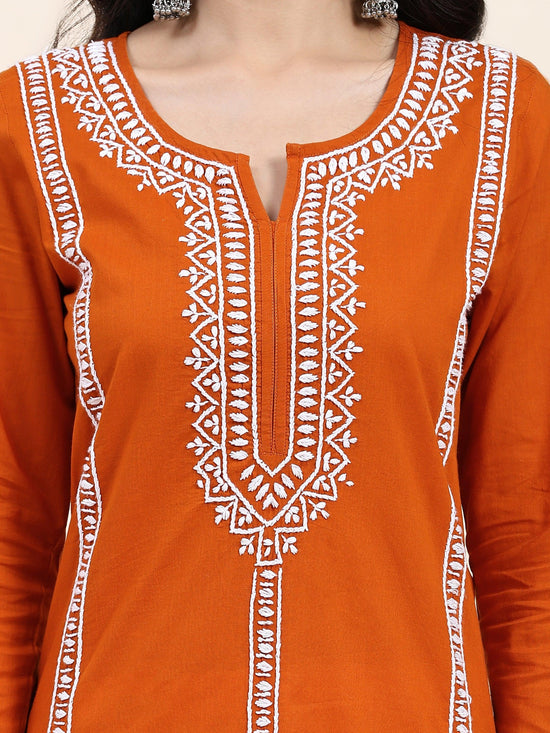 Load image into Gallery viewer, Aditi in HOK Chikankari Long Kurta in Cotton for Women- Orange - House Of Kari (Chikankari Clothing)
