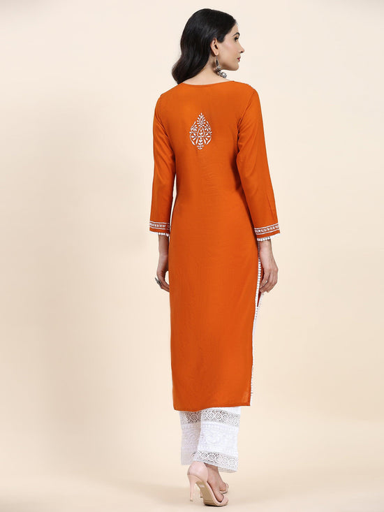 Samma Chikankari Long Kurta in Cotton for Women- Orange - House Of Kari (Chikankari Clothing)
