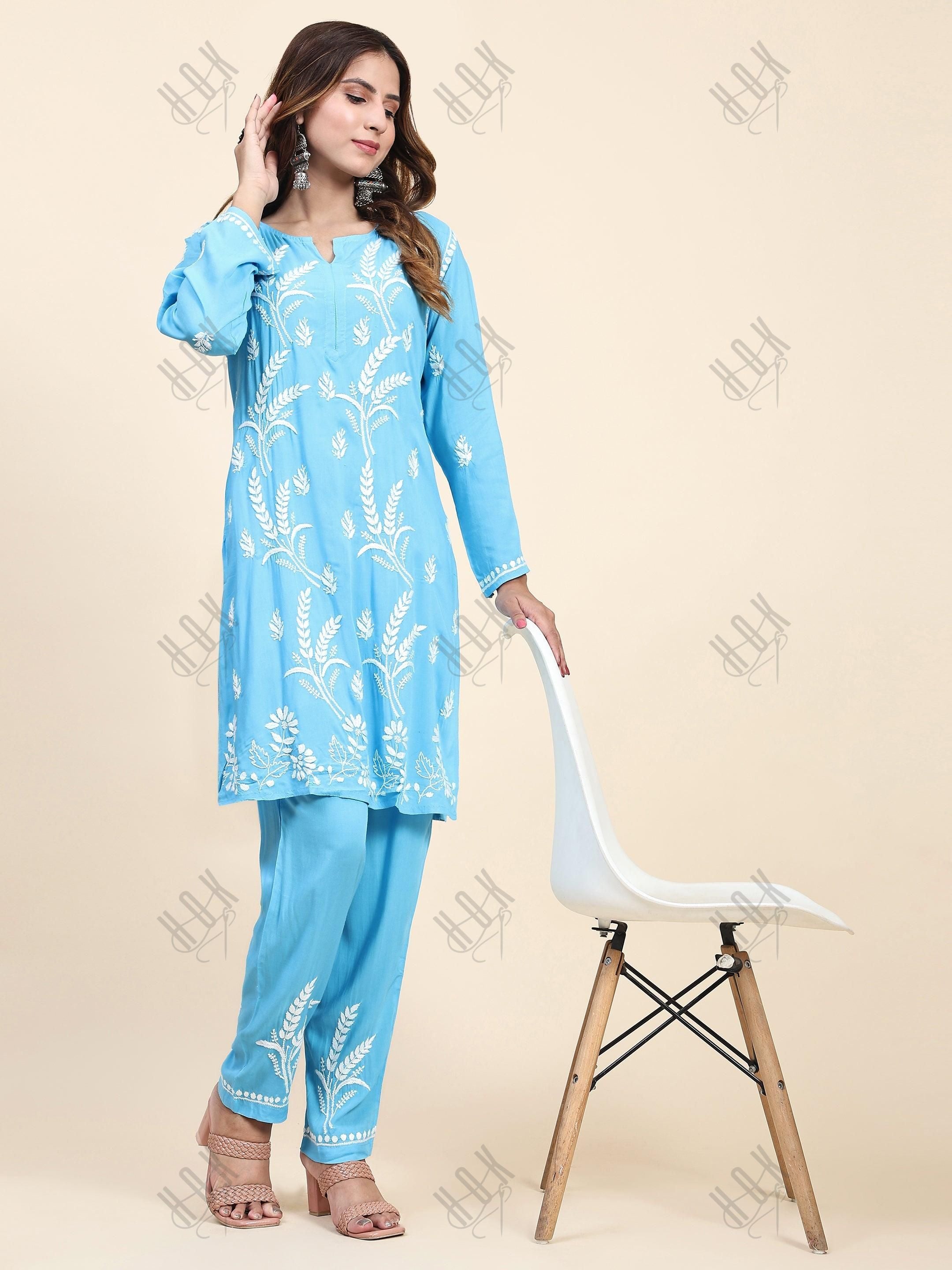 Fizaa Chikankari Short Modal Kurta Set - Blue - House Of Kari (Chikankari Clothing)