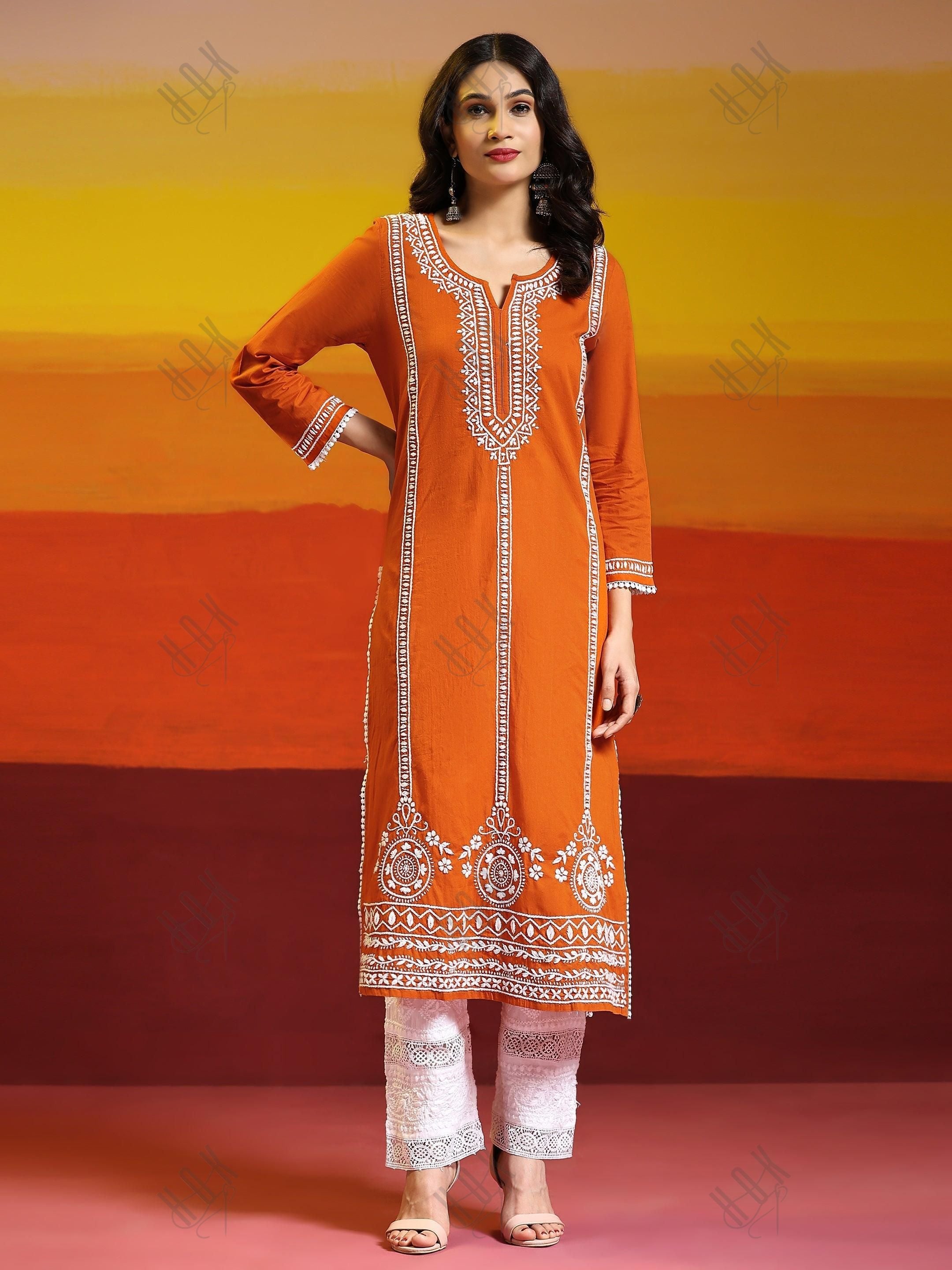 Aditi in HOK Chikankari Long Kurta in Cotton for Women- Orange - House Of Kari (Chikankari Clothing)