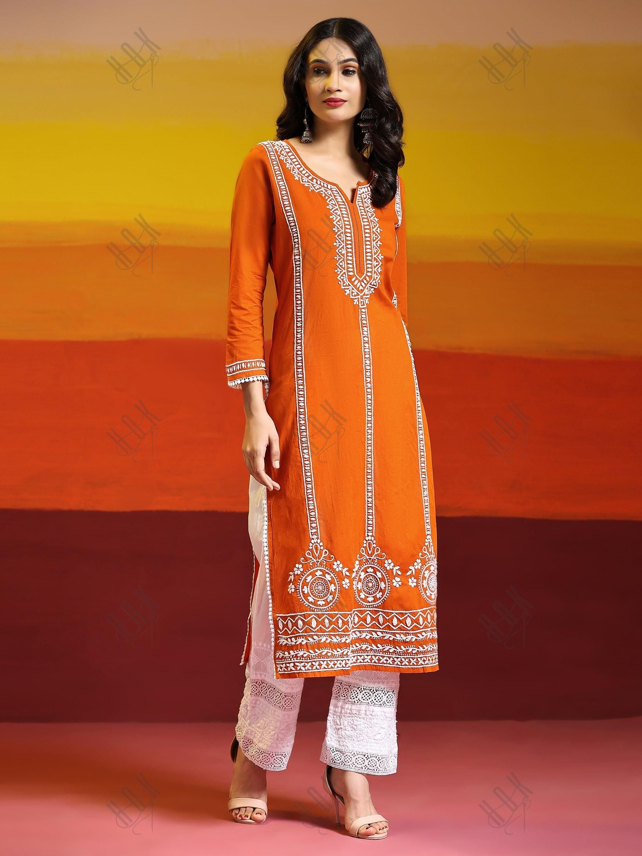 Aditi in HOK Chikankari Long Kurta in Cotton for Women- Orange - House Of Kari (Chikankari Clothing)