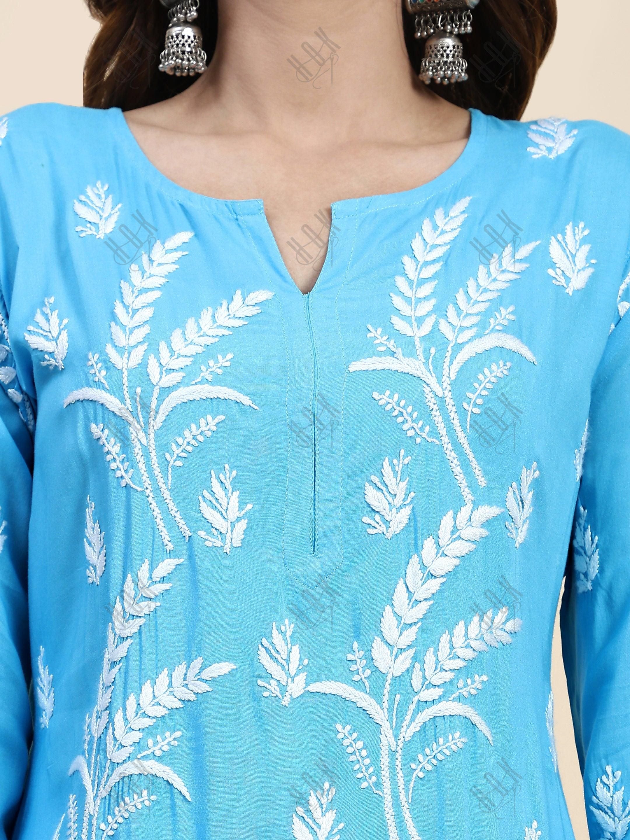 Fizaa Chikankari Short Modal Kurta Set - Blue - House Of Kari (Chikankari Clothing)