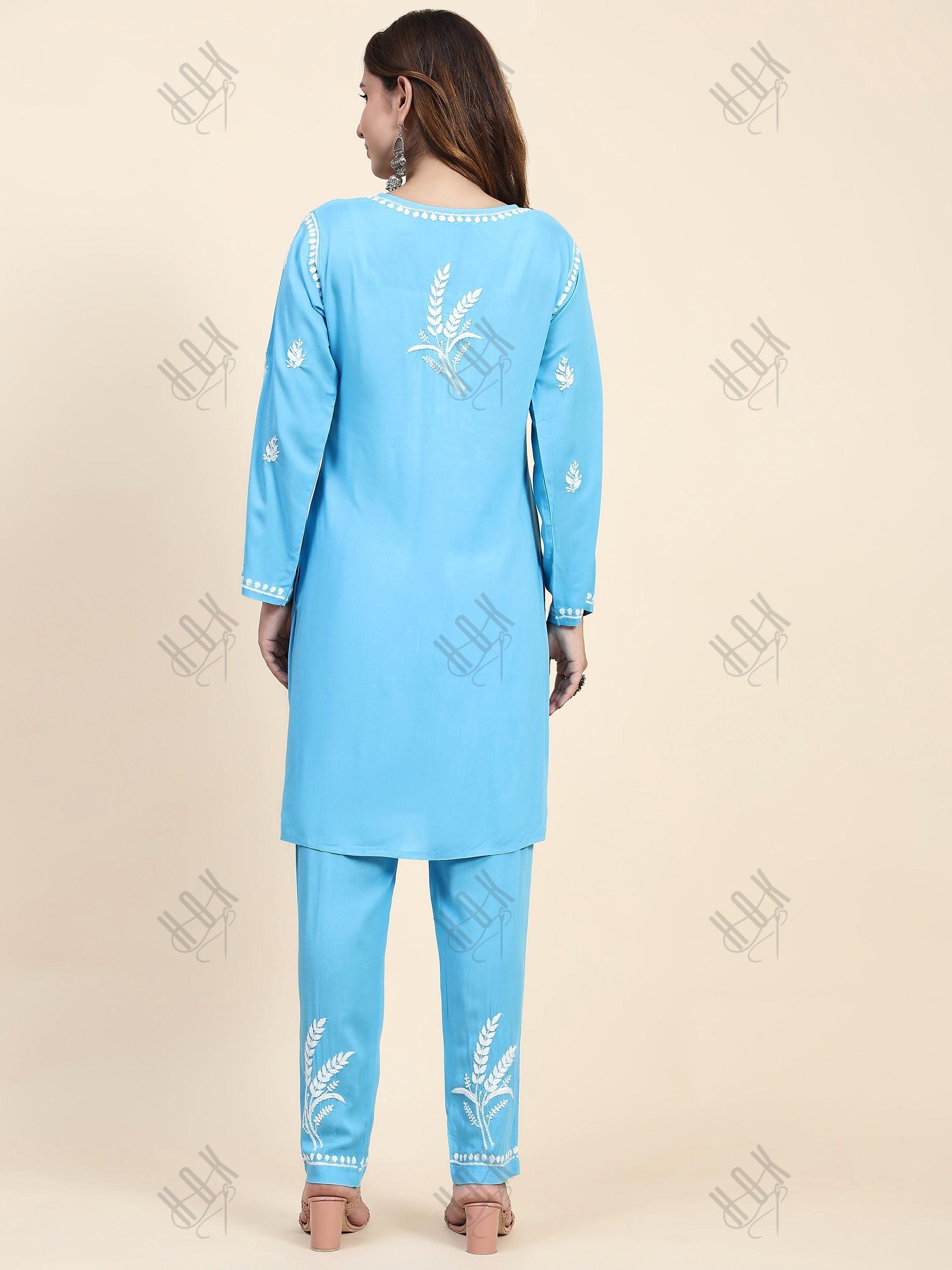 Fizaa Chikankari Short Modal Kurta Set - Blue - House Of Kari (Chikankari Clothing)