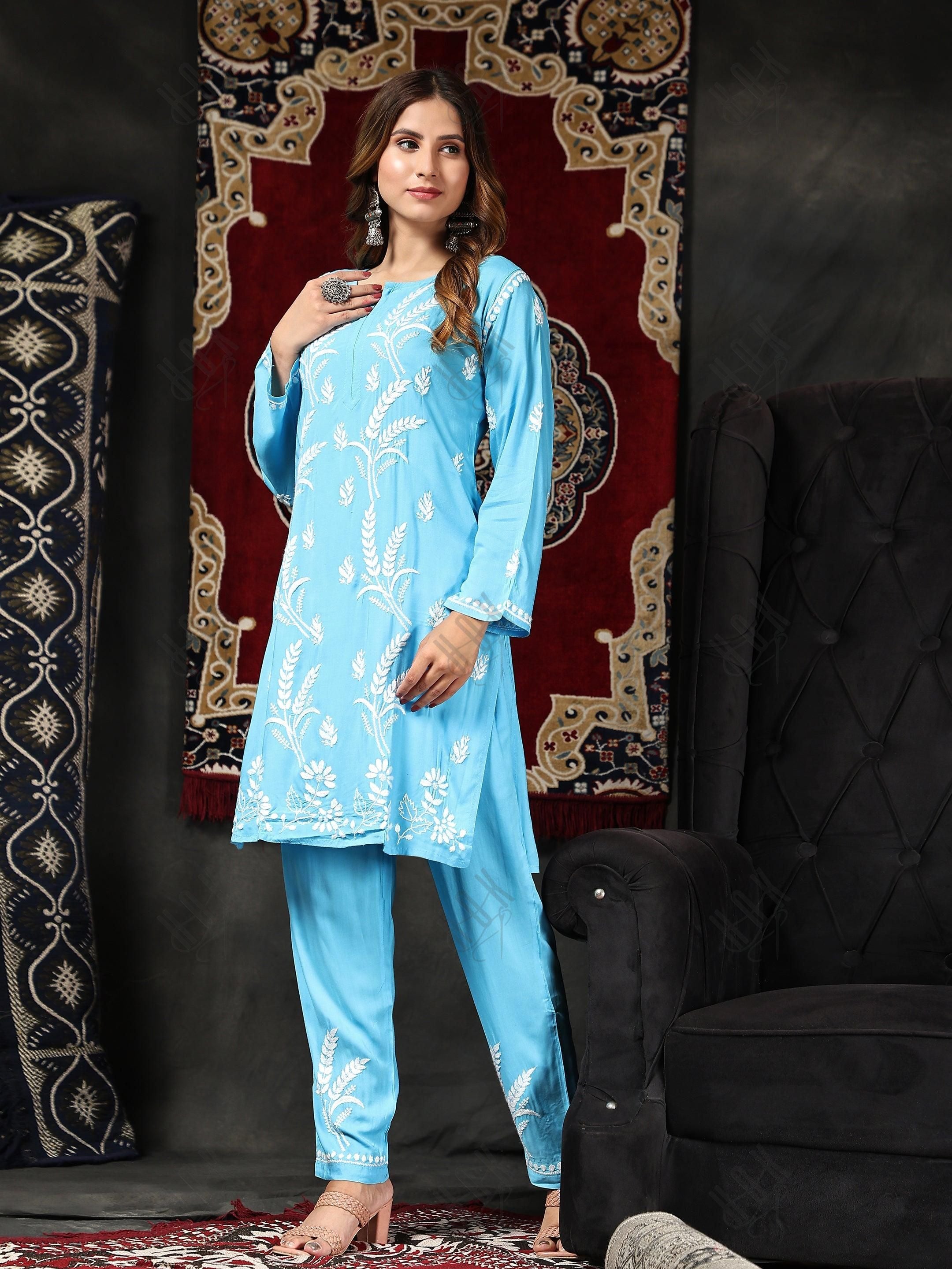 Fizaa Chikankari Short Modal Kurta Set - Blue - House Of Kari (Chikankari Clothing)