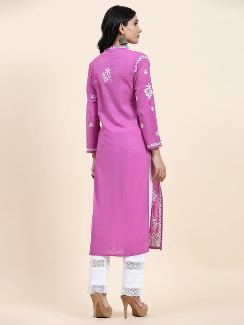 Load image into Gallery viewer, Samma Chikankari Long Kurta in Cotton for Women- Purple - House Of Kari (Chikankari Clothing)
