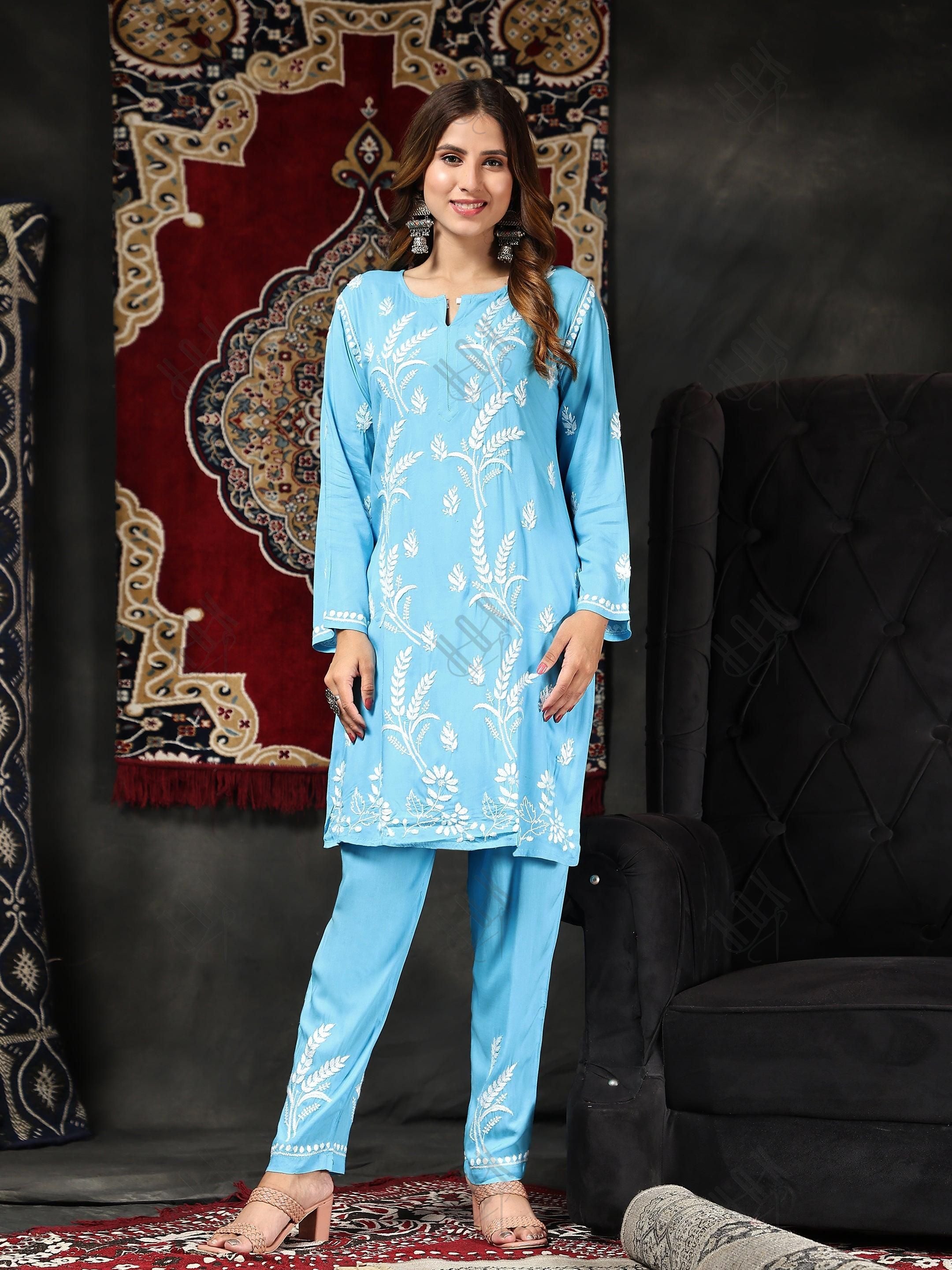 Fizaa Chikankari Short Modal Kurta Set - Blue - House Of Kari (Chikankari Clothing)