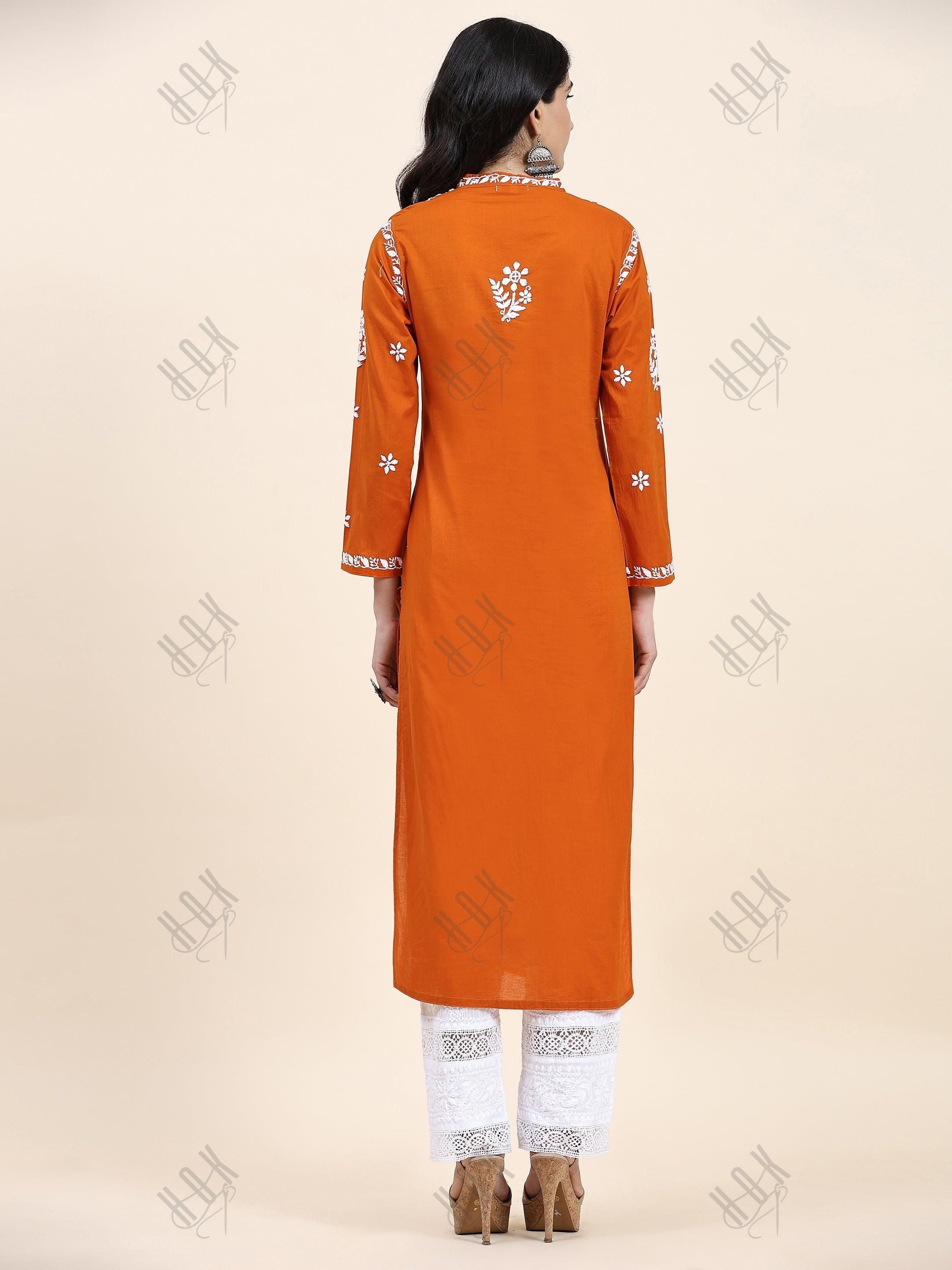 Samma Chikankari Long Kurta in Cotton for Women- Orange - House Of Kari (Chikankari Clothing)