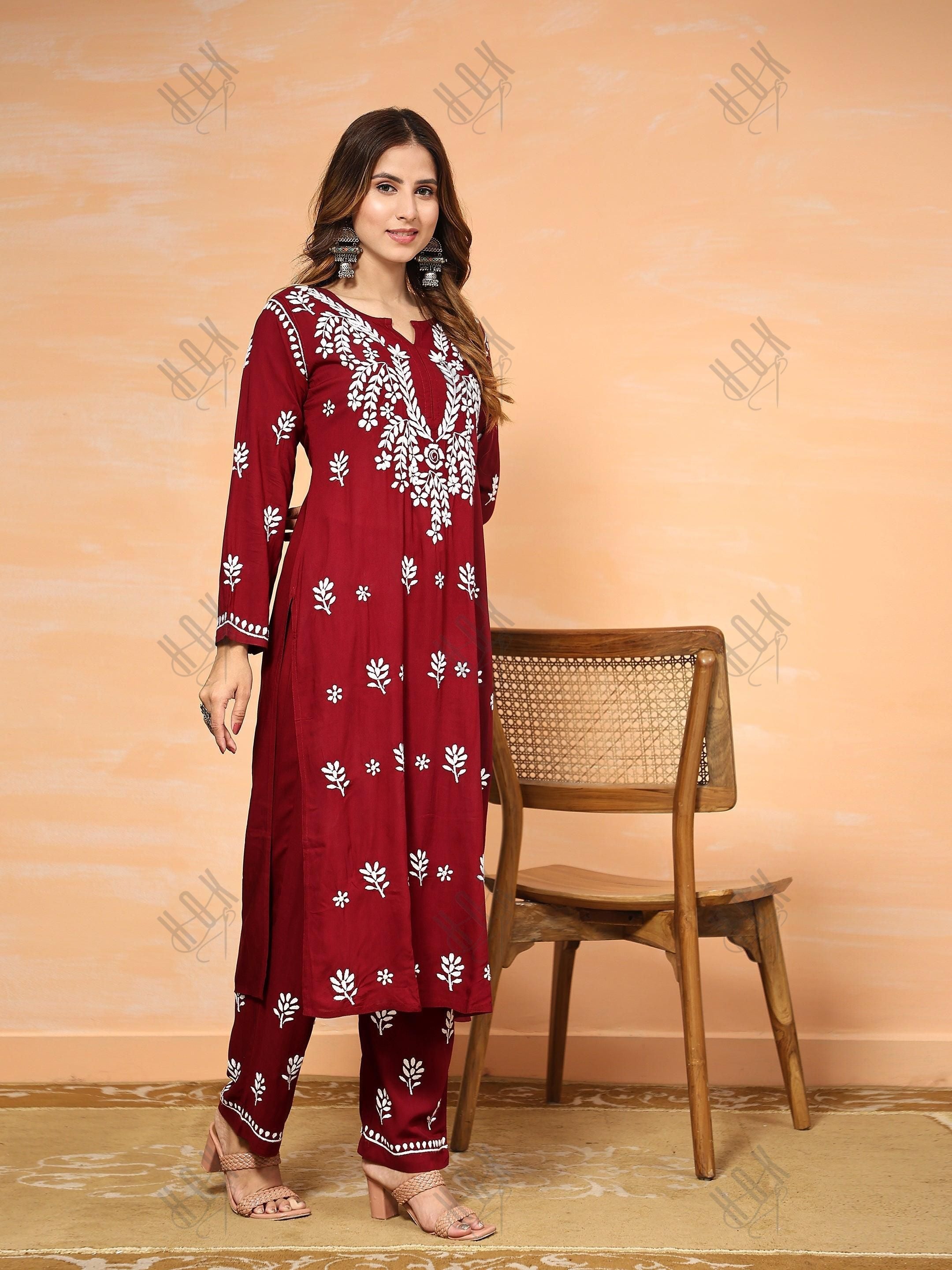 Urmi in Fizaa Chikankari Long Modal Kurta Set - Maroon - House Of Kari (Chikankari Clothing)