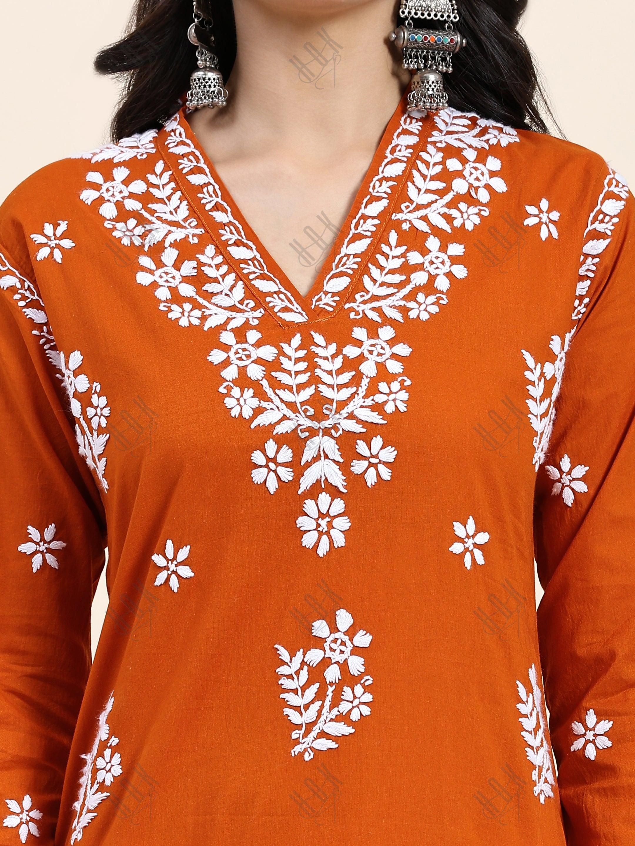 Samma Chikankari Long Kurta in Cotton for Women- Orange - House Of Kari (Chikankari Clothing)