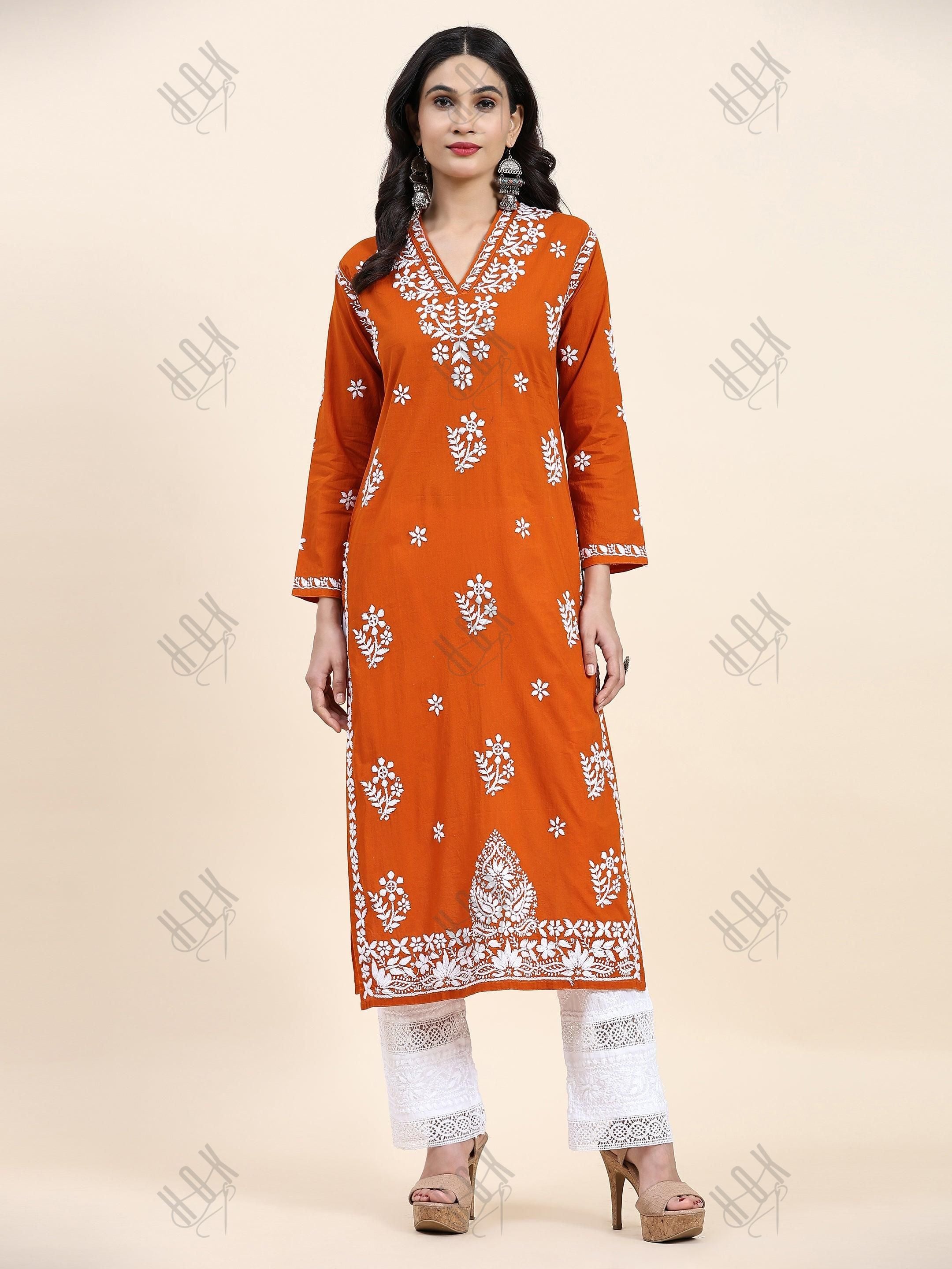 Samma Chikankari Long Kurta in Cotton for Women- Orange - House Of Kari (Chikankari Clothing)