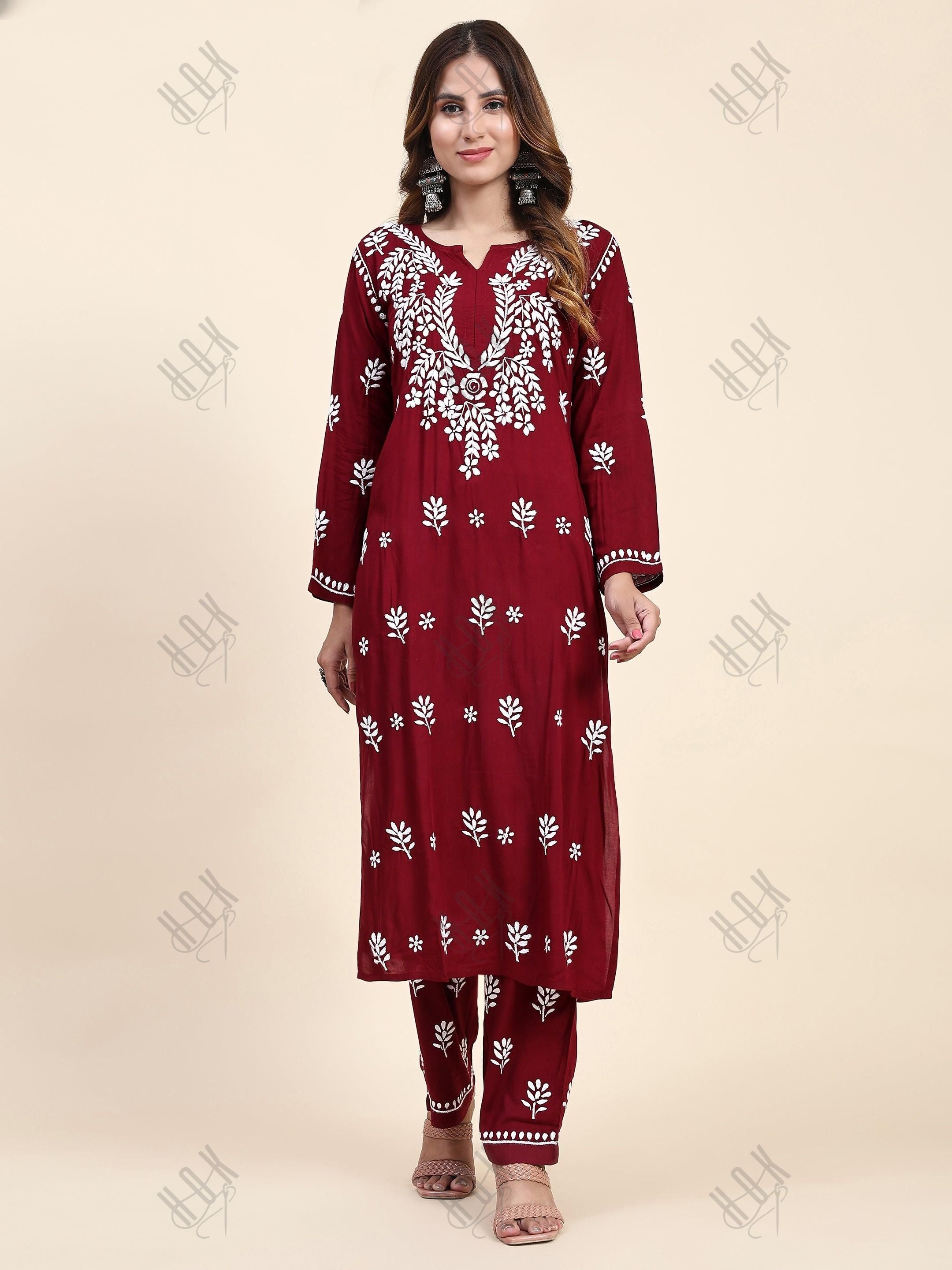 Fizaa Chikankari Long Modal Kurta Set - Maroon - House Of Kari (Chikankari Clothing)