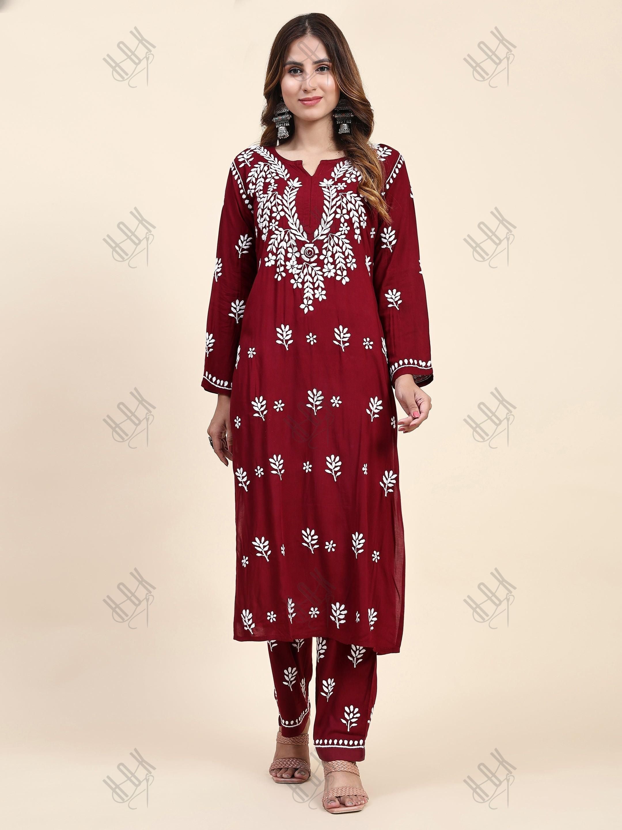 Urmi in Fizaa Chikankari Long Modal Kurta Set - Maroon - House Of Kari (Chikankari Clothing)